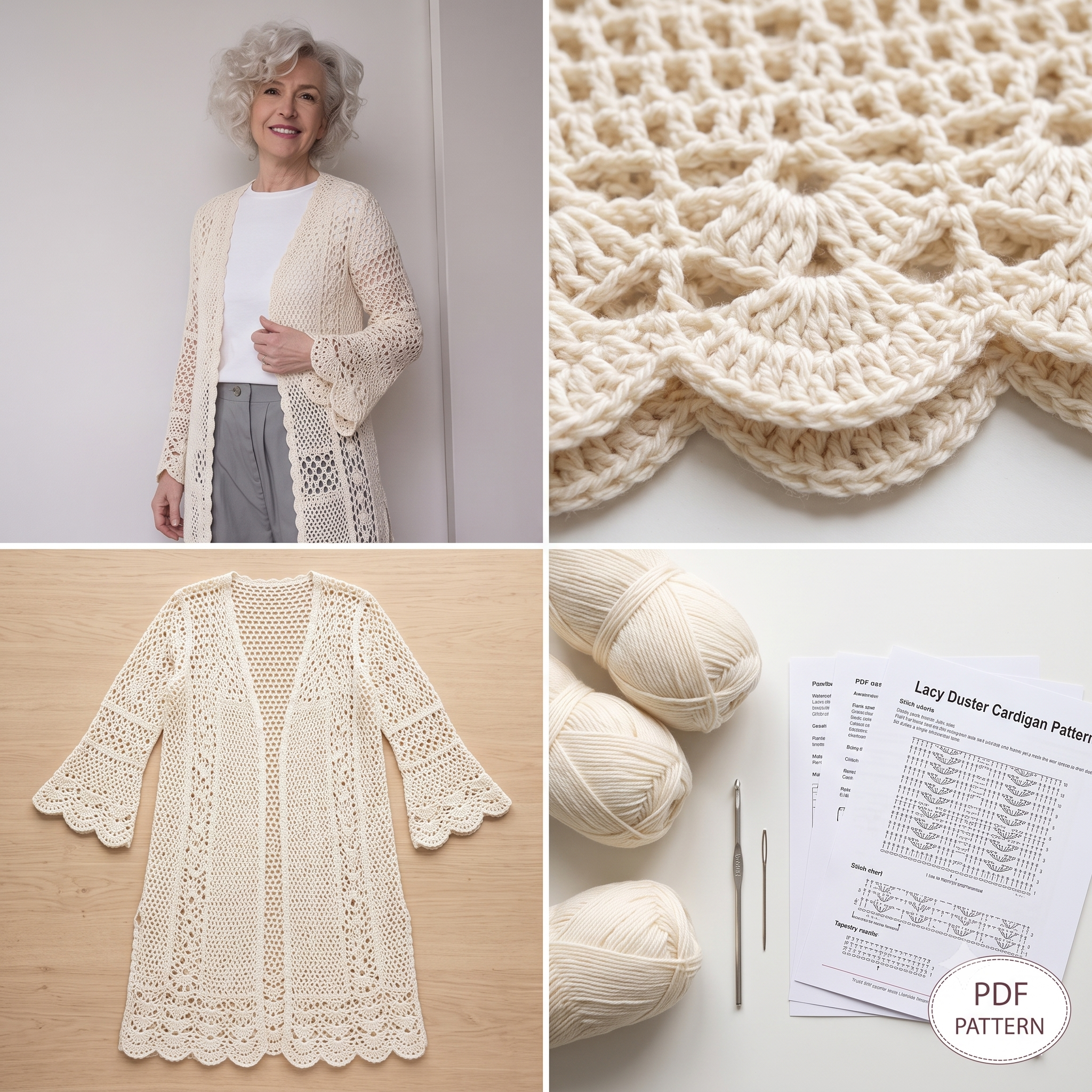 Boho Lace Duster Cardigan — Crochet Pattern (PDF) | Longline Filet Mesh Cardigan