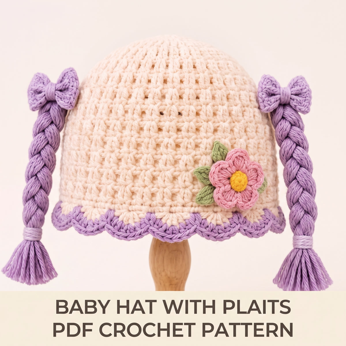 Baby Hat with Braids Crochet Pattern PDF | Pigtail Wig Beanie, 4 Sizes 0-24 Months, US Terms