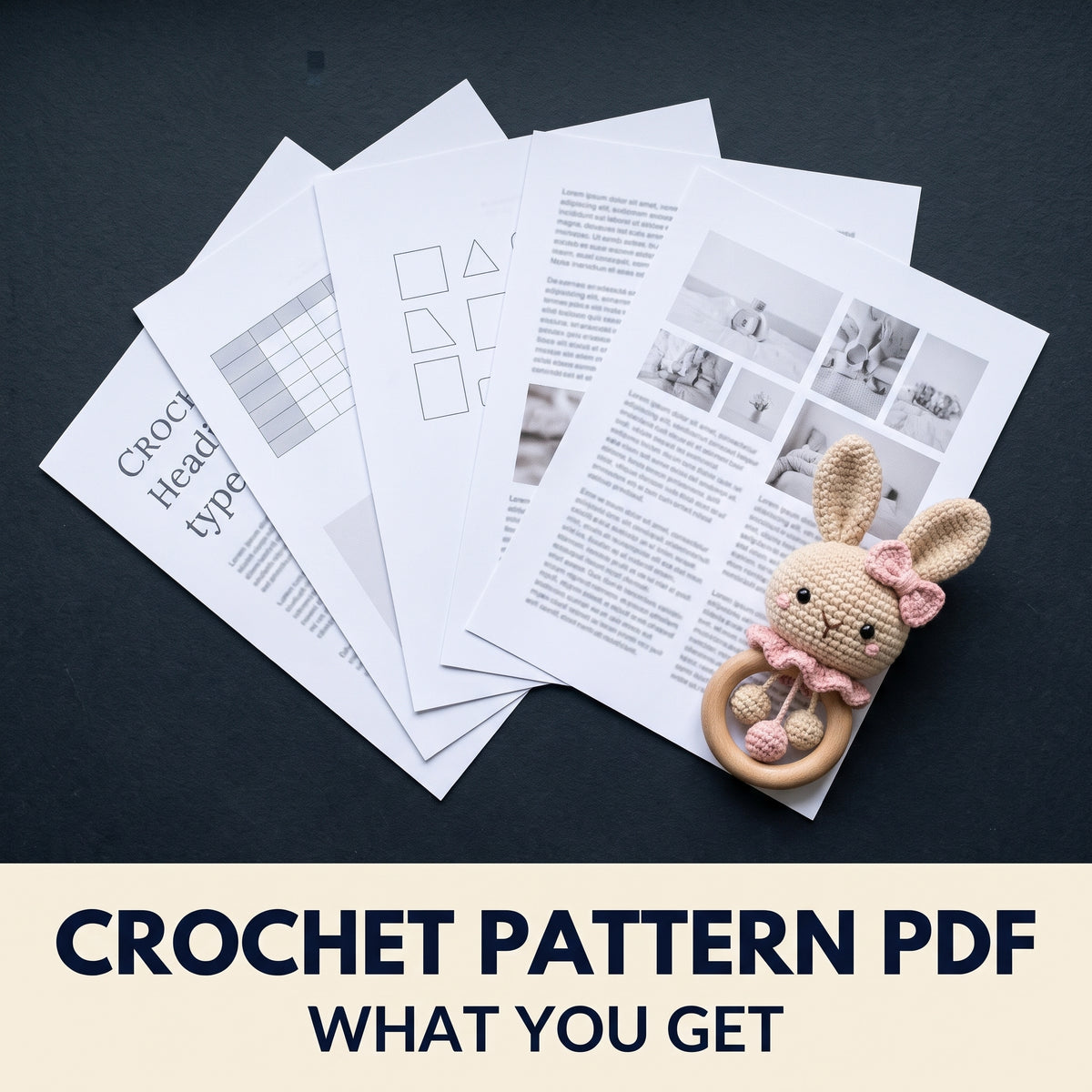 Bunny Baby Rattle Crochet Pattern PDF – Amigurumi Bunny Head on Wooden Teething Ring with Hanging Beads