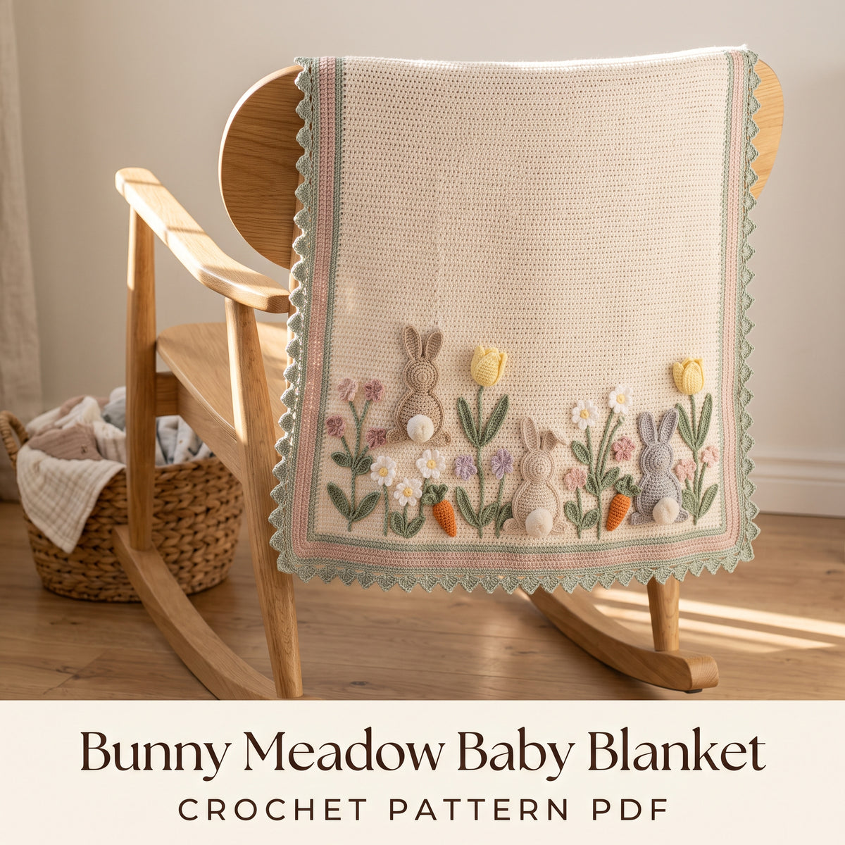 Bunny Baby Blanket Crochet Pattern PDF, 3D Bunnies and Flower Meadow Nursery Afghan, Easter Baby Shower Gift, Instant Download