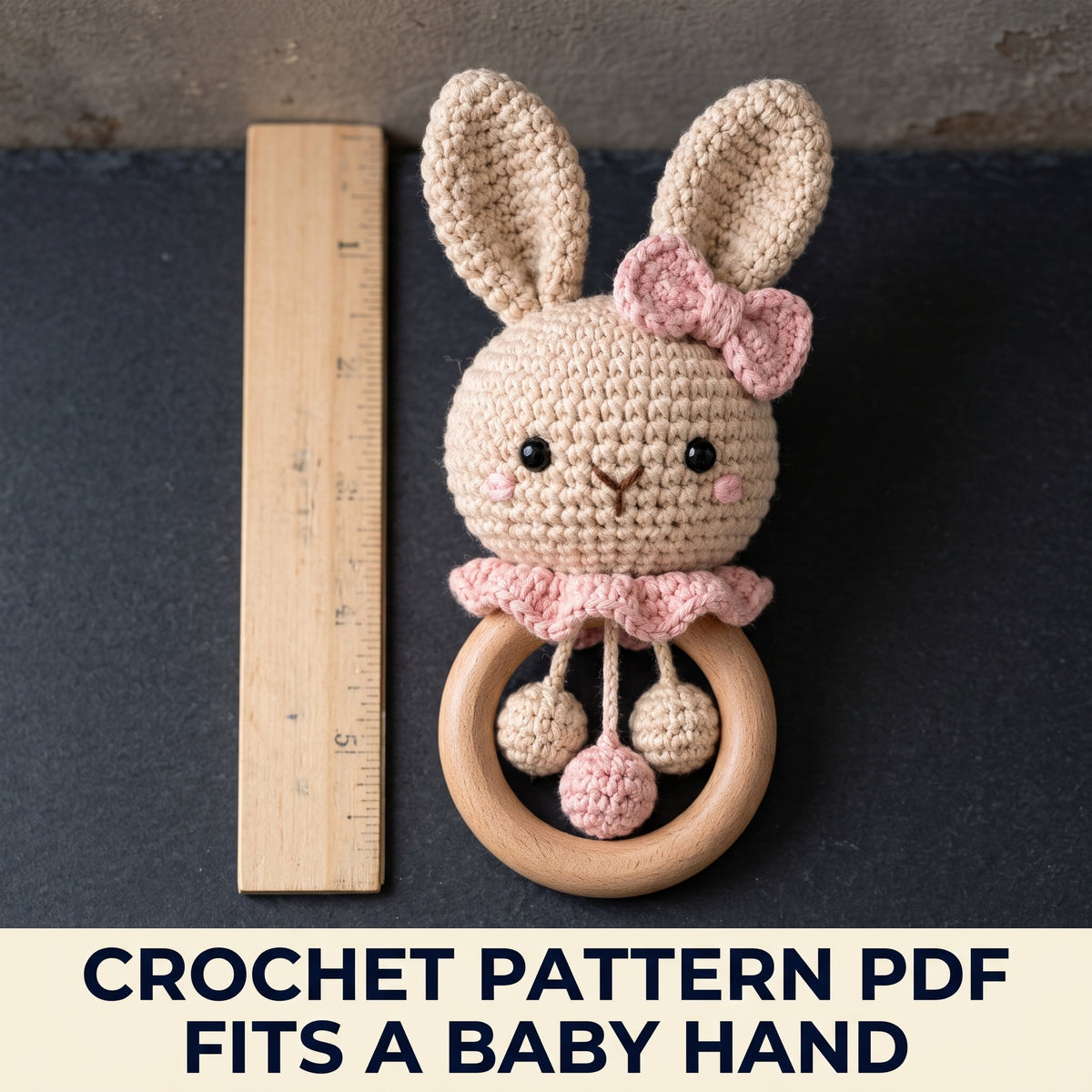 Bunny Baby Rattle Crochet Pattern PDF – Amigurumi Bunny Head on Wooden Teething Ring with Hanging Beads
