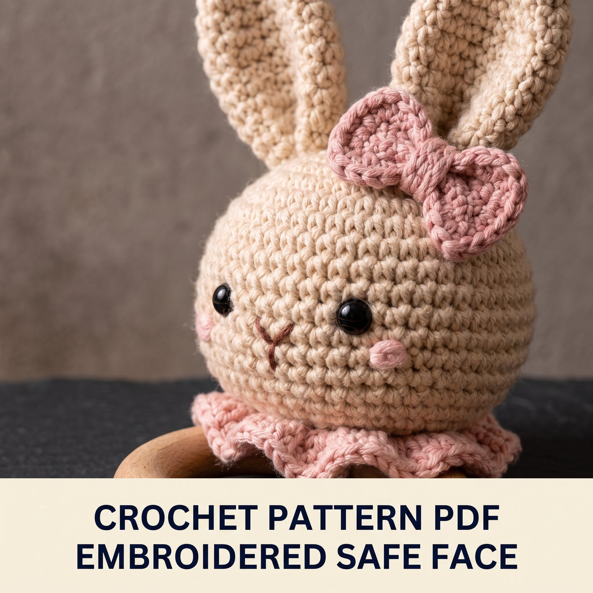 Bunny Baby Rattle Crochet Pattern PDF – Amigurumi Bunny Head on Wooden Teething Ring with Hanging Beads