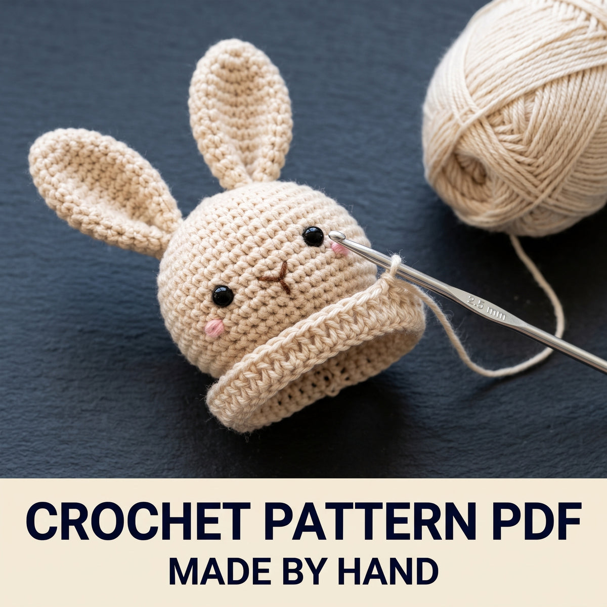 Bunny Baby Rattle Crochet Pattern PDF – Amigurumi Bunny Head on Wooden Teething Ring with Hanging Beads