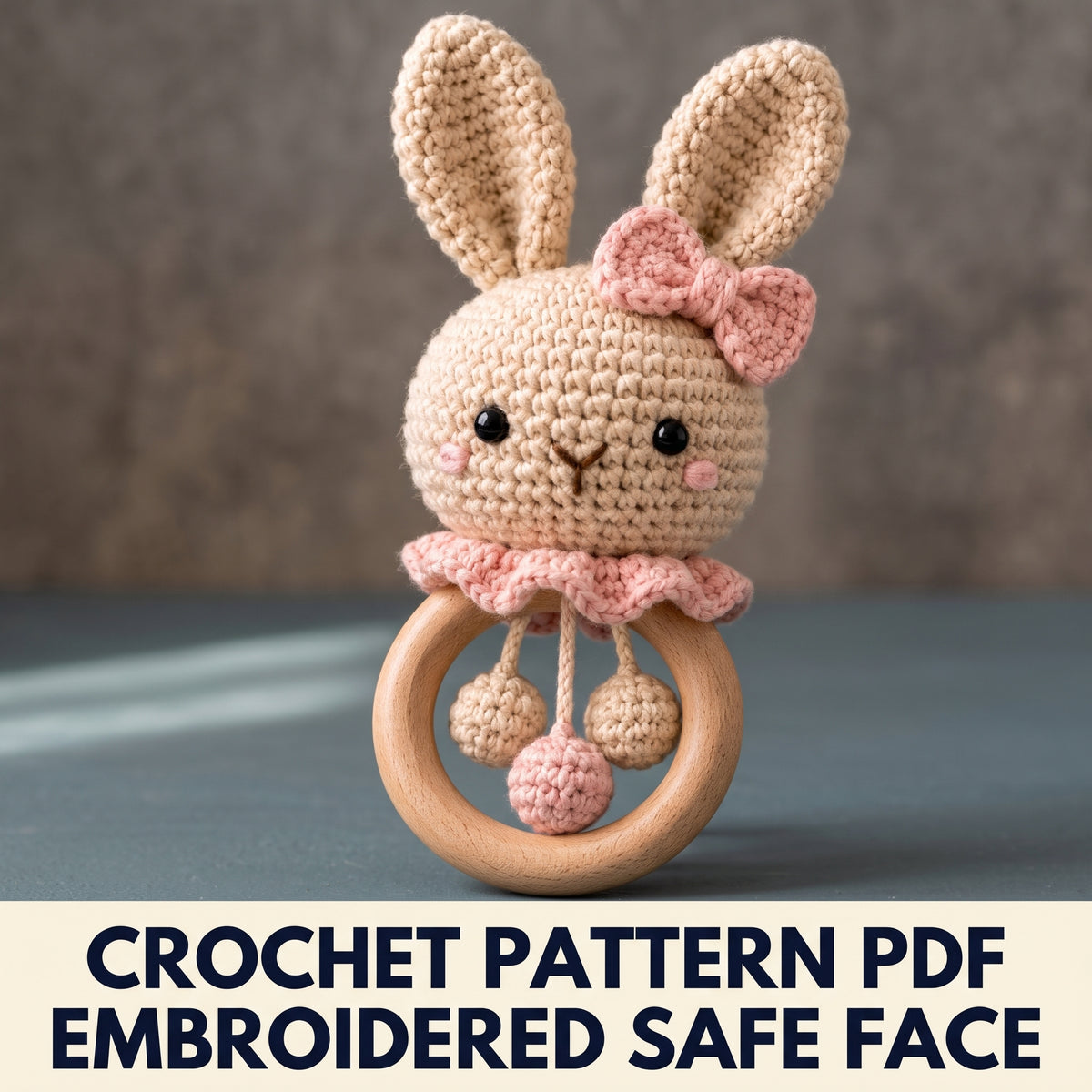 Bunny Baby Rattle Crochet Pattern PDF – Amigurumi Bunny Head on Wooden Teething Ring with Hanging Beads