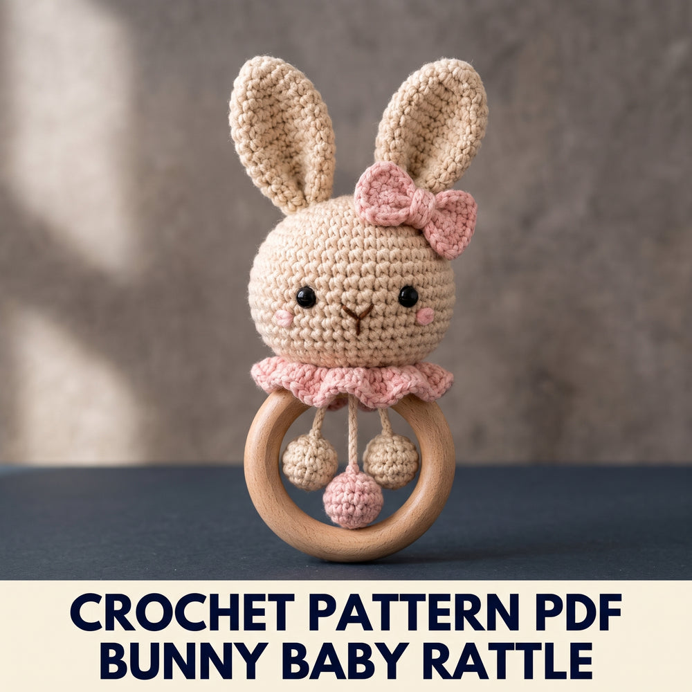 Bunny Baby Rattle Crochet Pattern PDF – Amigurumi Bunny Head on Wooden