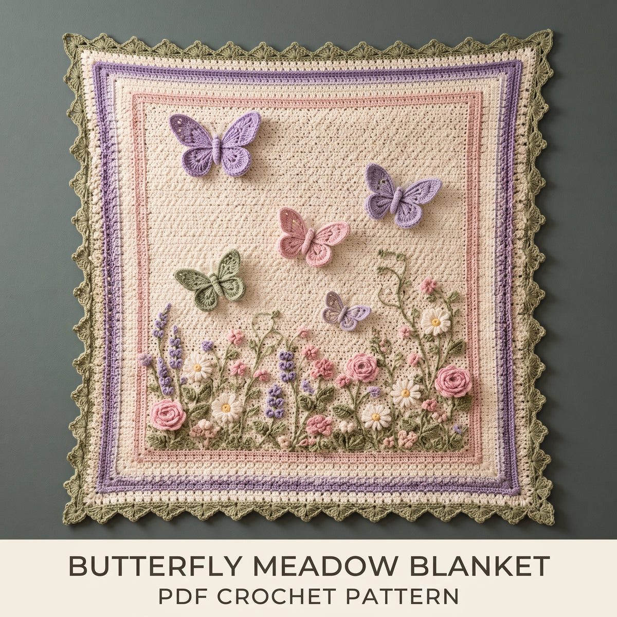 Crochet Baby Blanket Pattern PDF | 3D Butterfly & Flower Meadow Applique | 38x42 in | Intermediate, US Terms