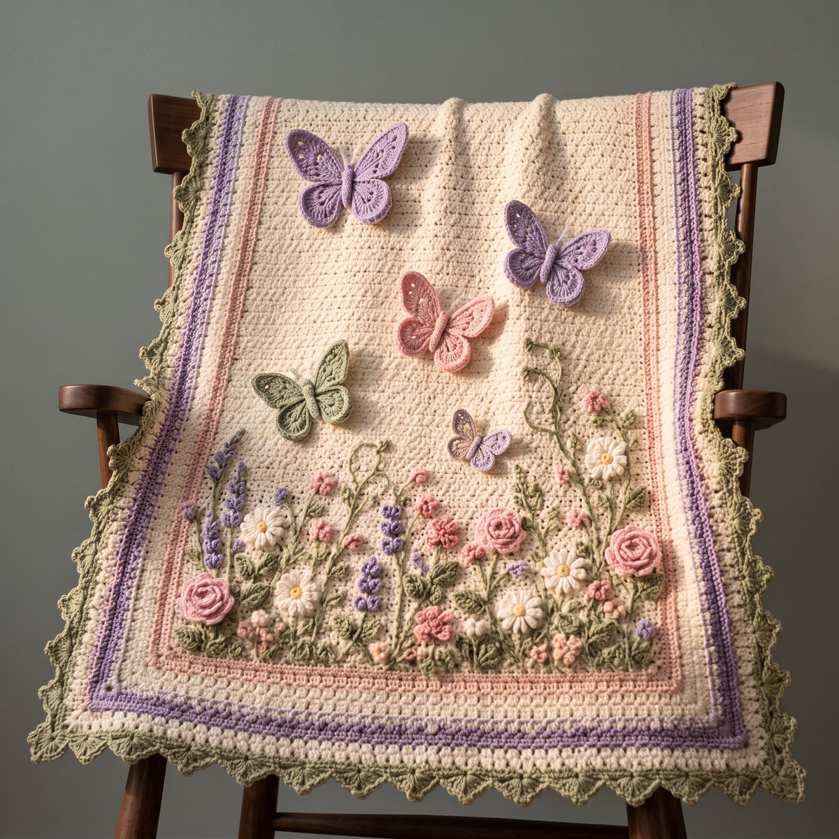 Crochet Baby Blanket Pattern PDF | 3D Butterfly & Flower Meadow Applique | 38x42 in | Intermediate, US Terms