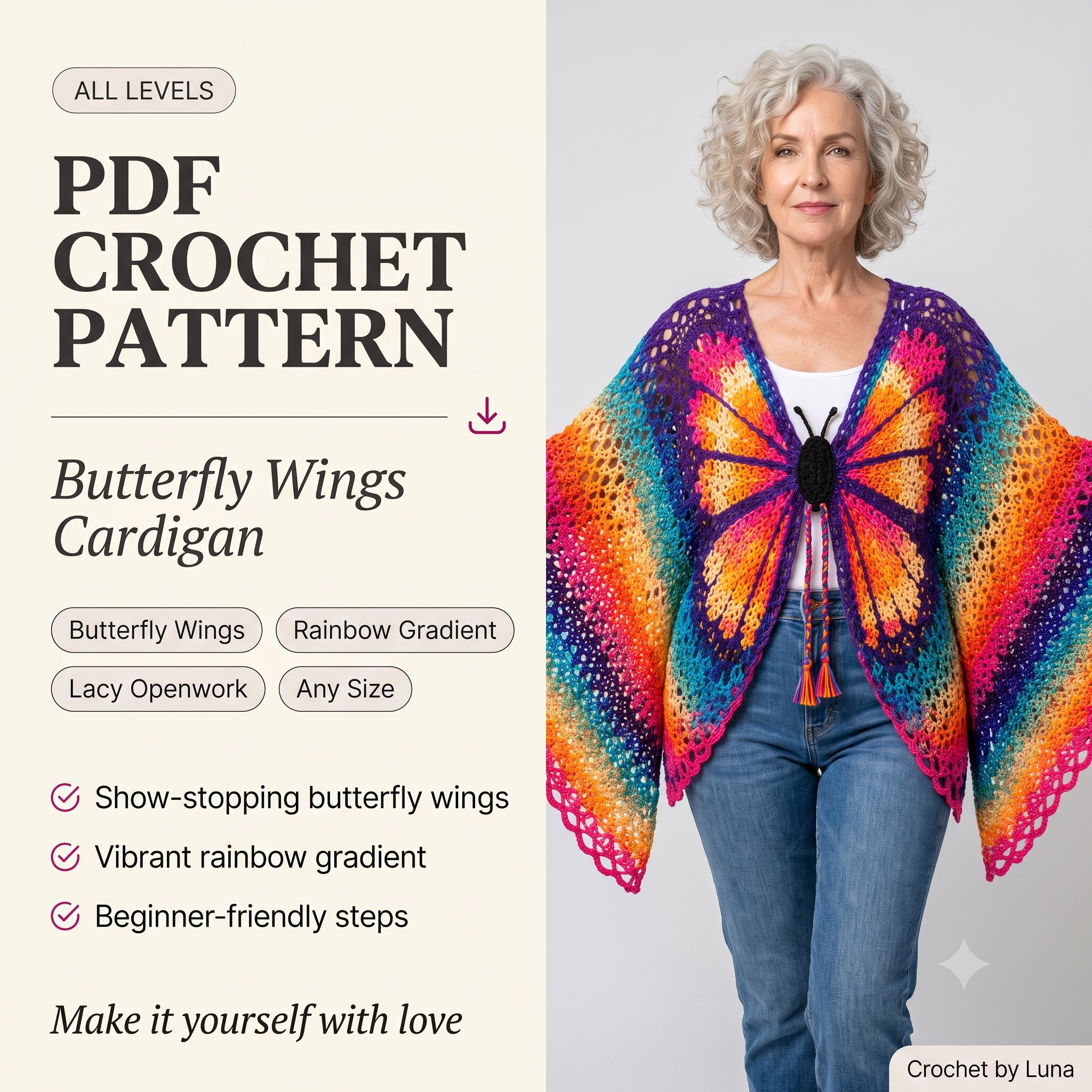 Butterfly Rainbow Wings Cardigan — Crochet Pattern (PDF) | Colorful Wing Cardigan