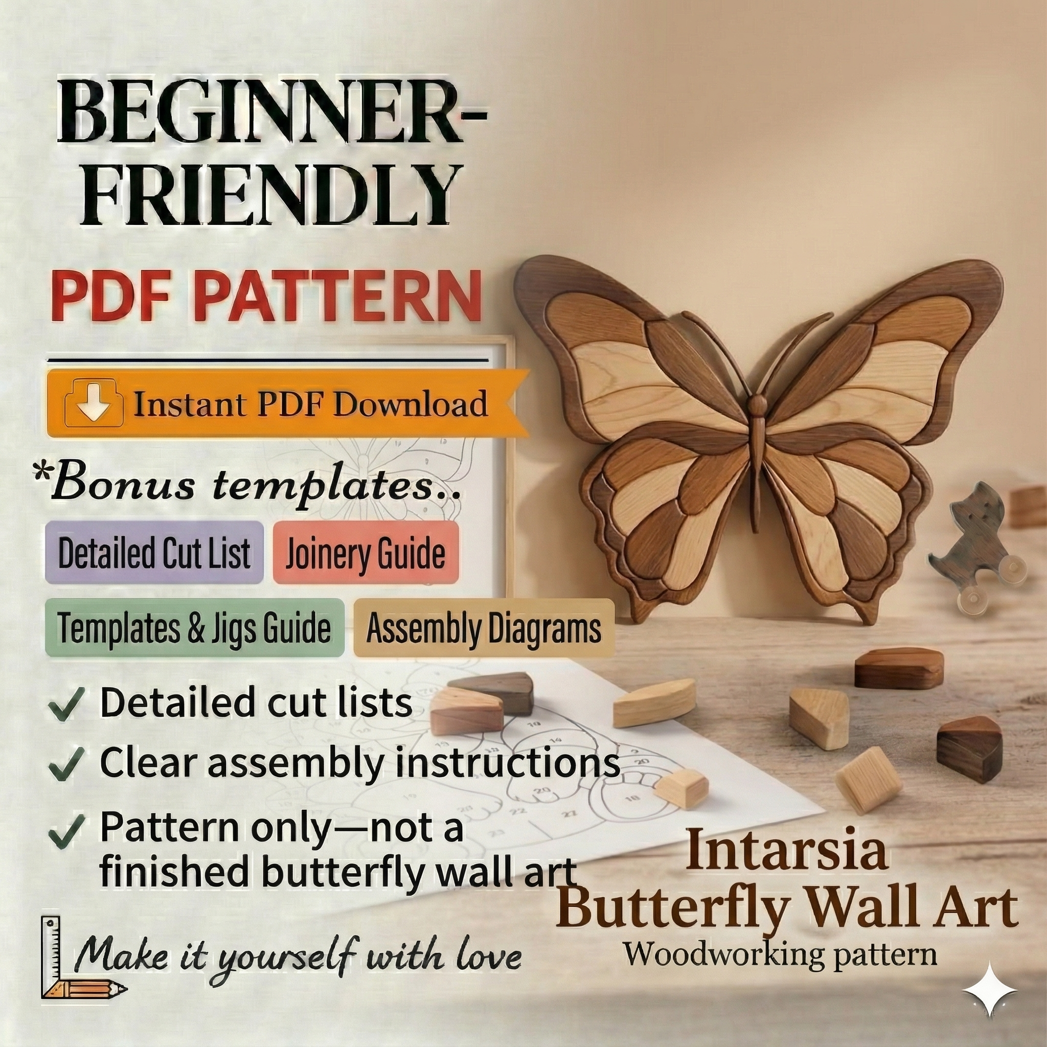 Butterfly Intarsia Woodworking Pattern – Layered Wall Art Template (Digital Download)