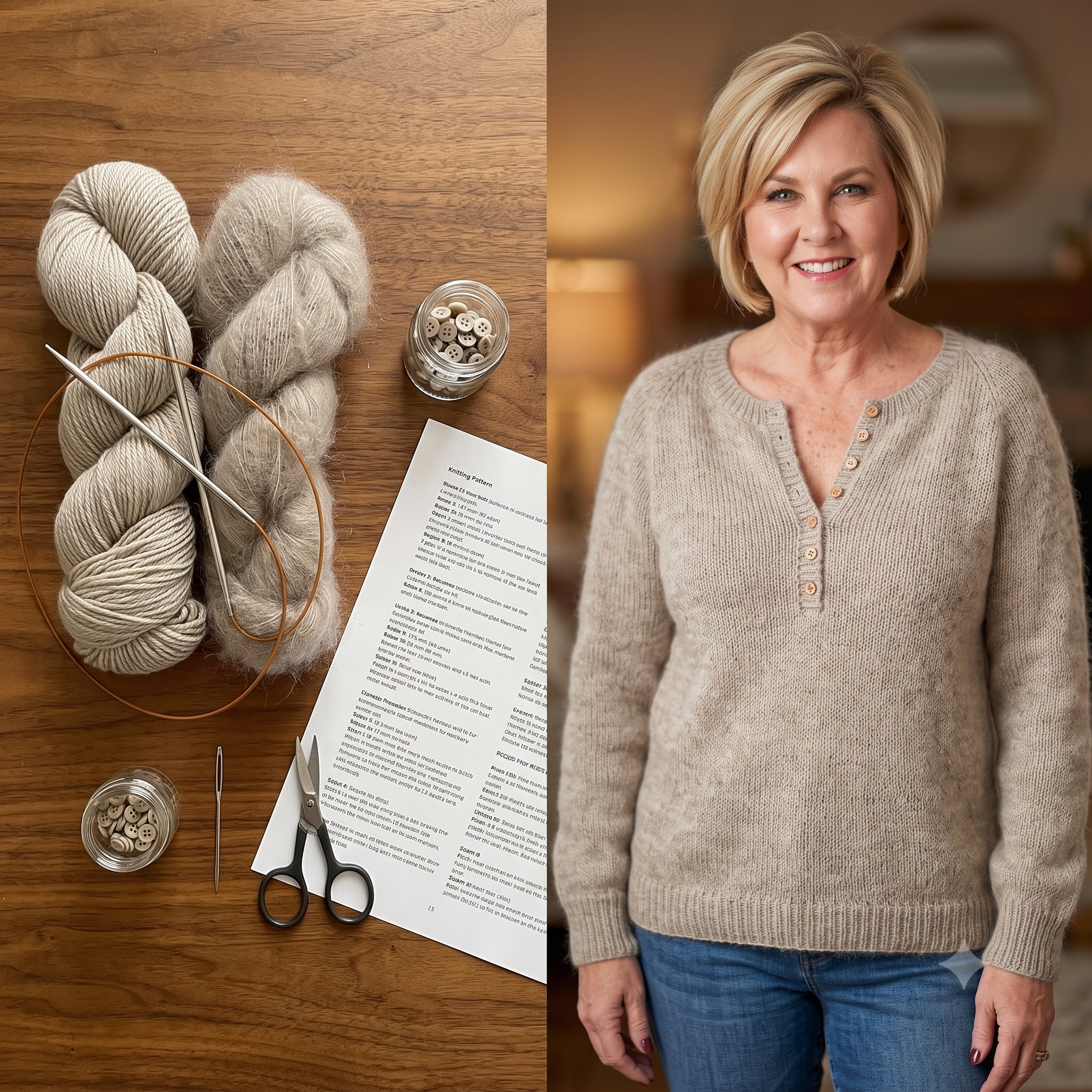 Buttoned V Neck Sweater Knitting Pattern PDF, Mohair Blend Jumper, Button Placket, Flat & In the Round, Intermediate, 10 Sizes
