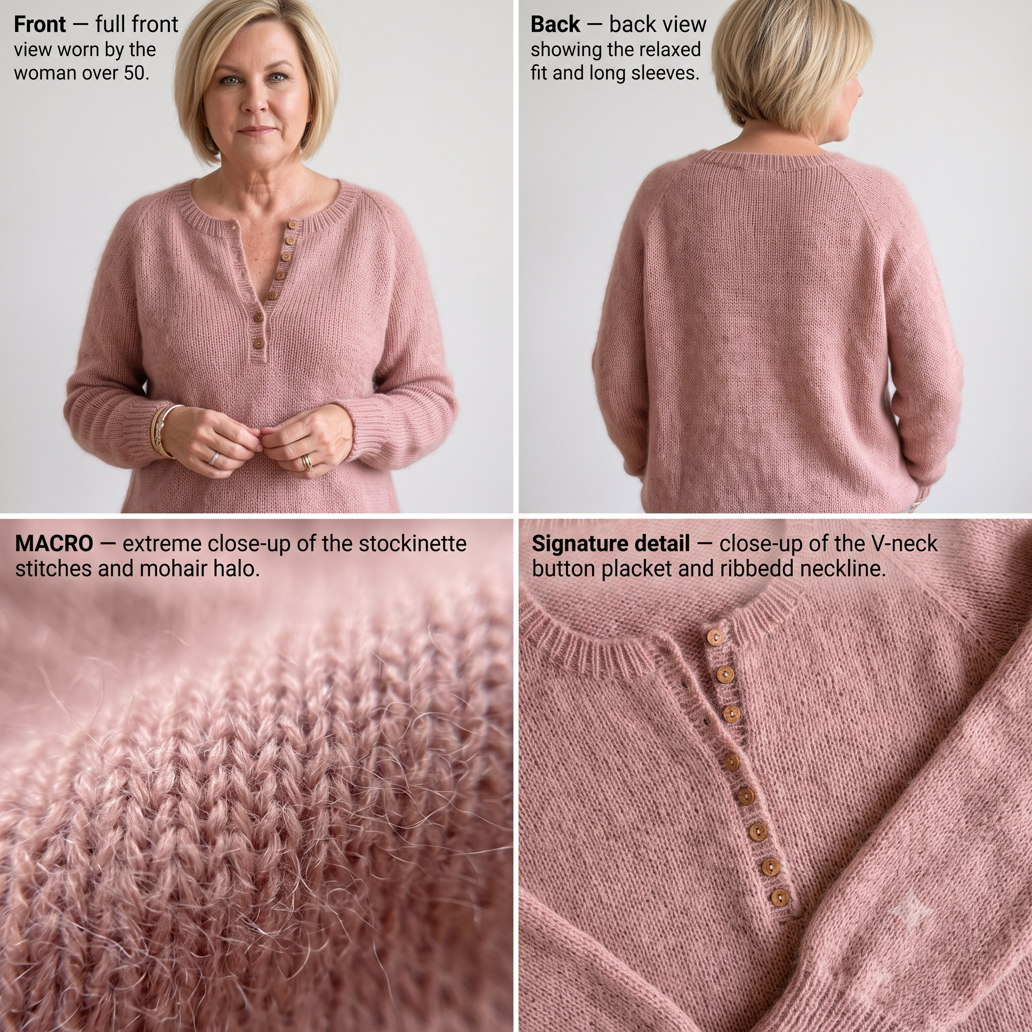 Buttoned V Neck Sweater Knitting Pattern PDF, Mohair Blend Jumper, Button Placket, Flat & In the Round, Intermediate, 10 Sizes