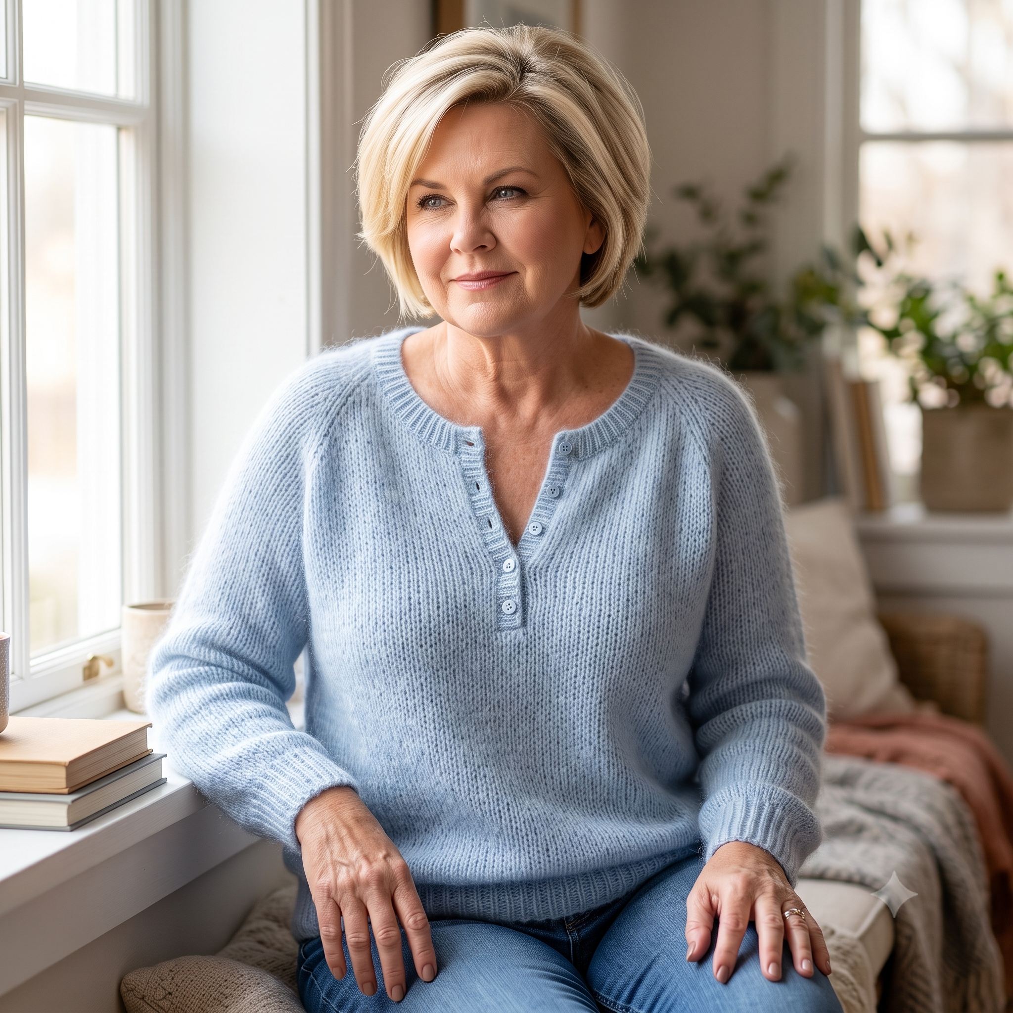 Buttoned V Neck Sweater Knitting Pattern PDF, Mohair Blend Jumper, Button Placket, Flat & In the Round, Intermediate, 10 Sizes