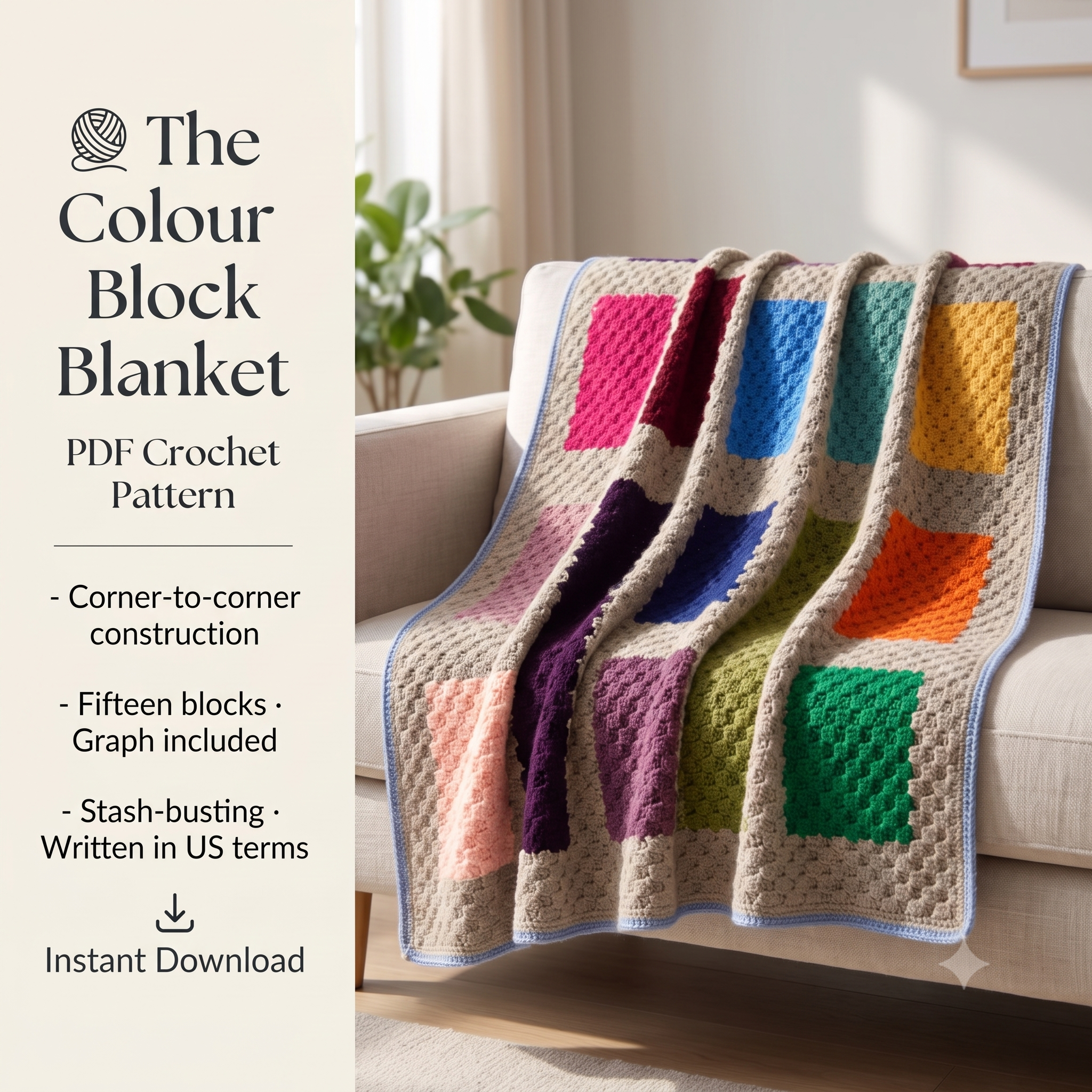C2C Color Block Blanket Crochet Pattern PDF, Corner to Corner Graph Blanket, Modern Squares Afghan Pattern, Instant Download