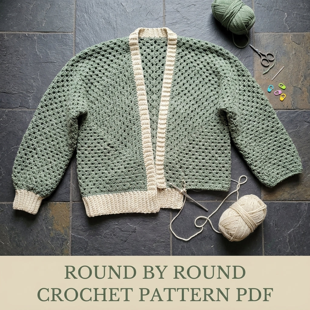 Sage Granny Stitch Cardigan Crochet Pattern PDF – Oversized Cardigan with Ribbed Band
