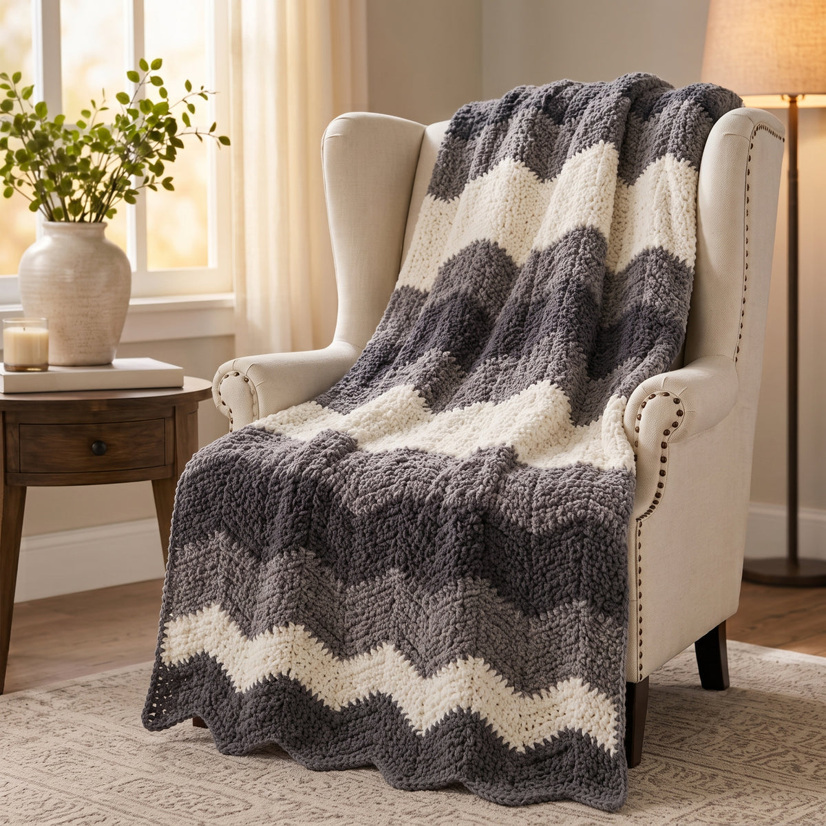 Chevron Ripple Blanket Crochet Pattern | Easy Chunky Throw in Neutral Greys | Beginner Friendly, Any Size | Instant Download PDF