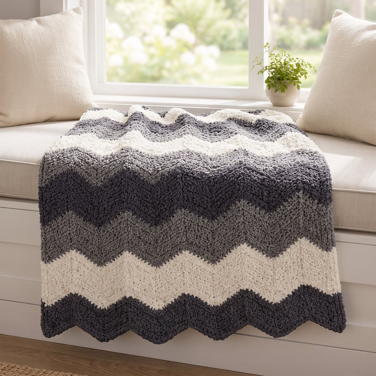 Chevron Ripple Blanket Crochet Pattern | Easy Chunky Throw in Neutral Greys | Beginner Friendly, Any Size | Instant Download PDF