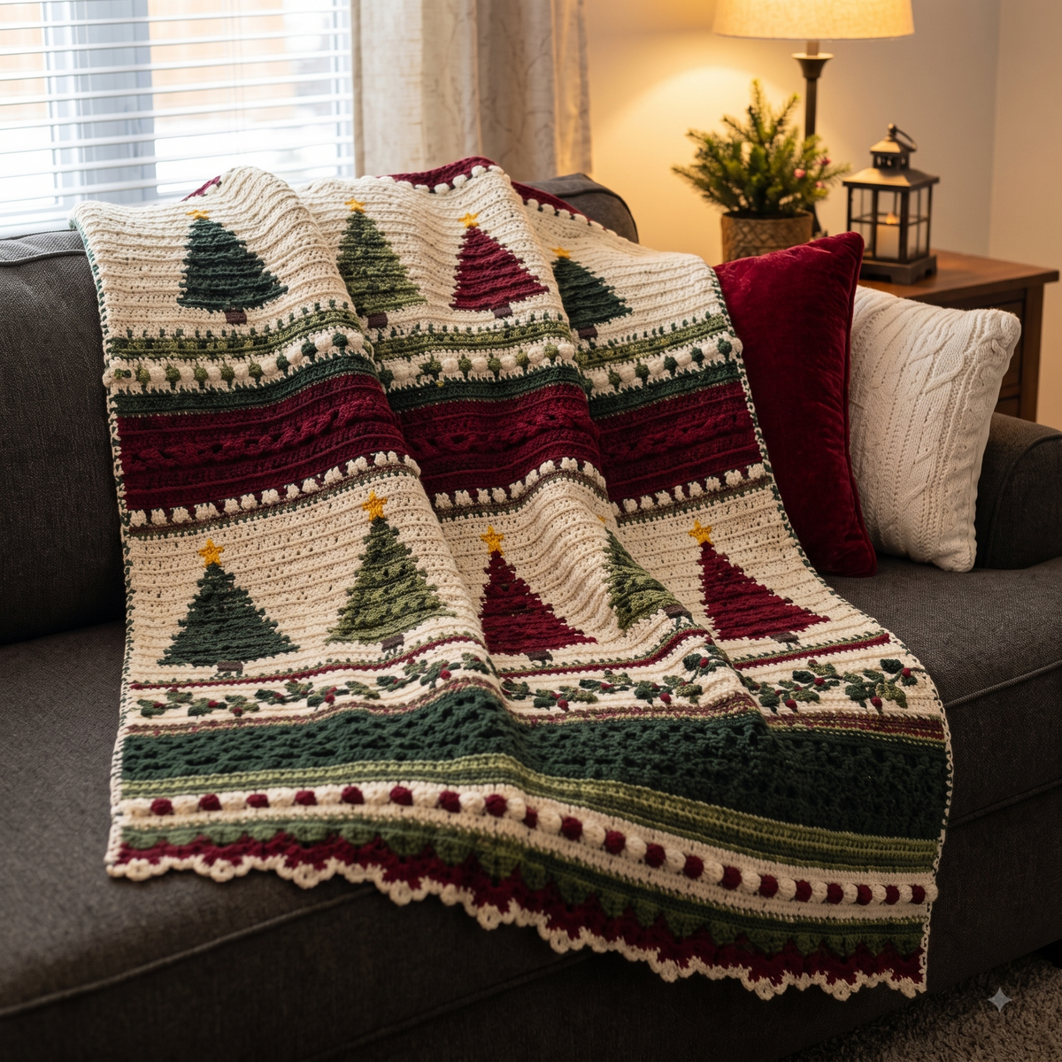 Christmas Tree Blanket Crochet Pattern | Colourwork Trees, Holly Border & Bobble Bands | Holiday Throw | Instant Download PDF