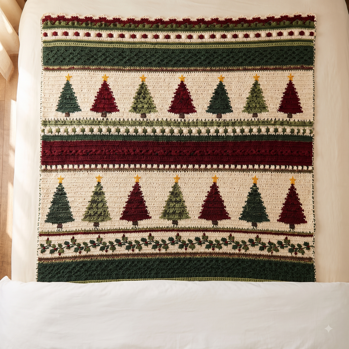 Christmas Tree Blanket Crochet Pattern | Colourwork Trees, Holly Border & Bobble Bands | Holiday Throw | Instant Download PDF