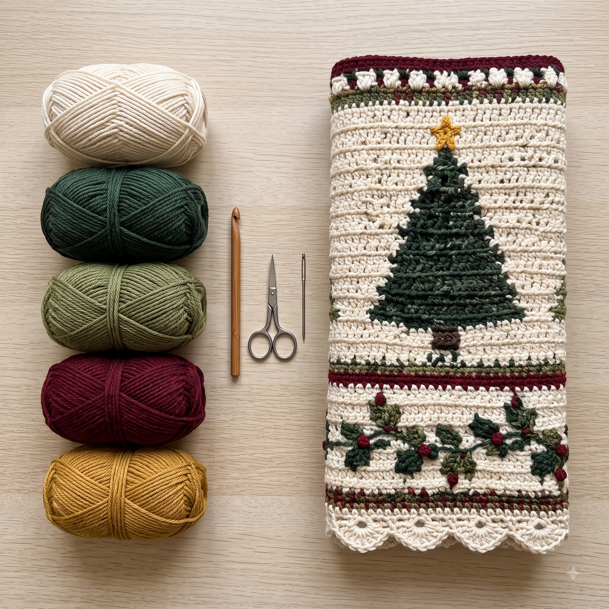 Christmas Tree Blanket Crochet Pattern | Colourwork Trees, Holly Border & Bobble Bands | Holiday Throw | Instant Download PDF