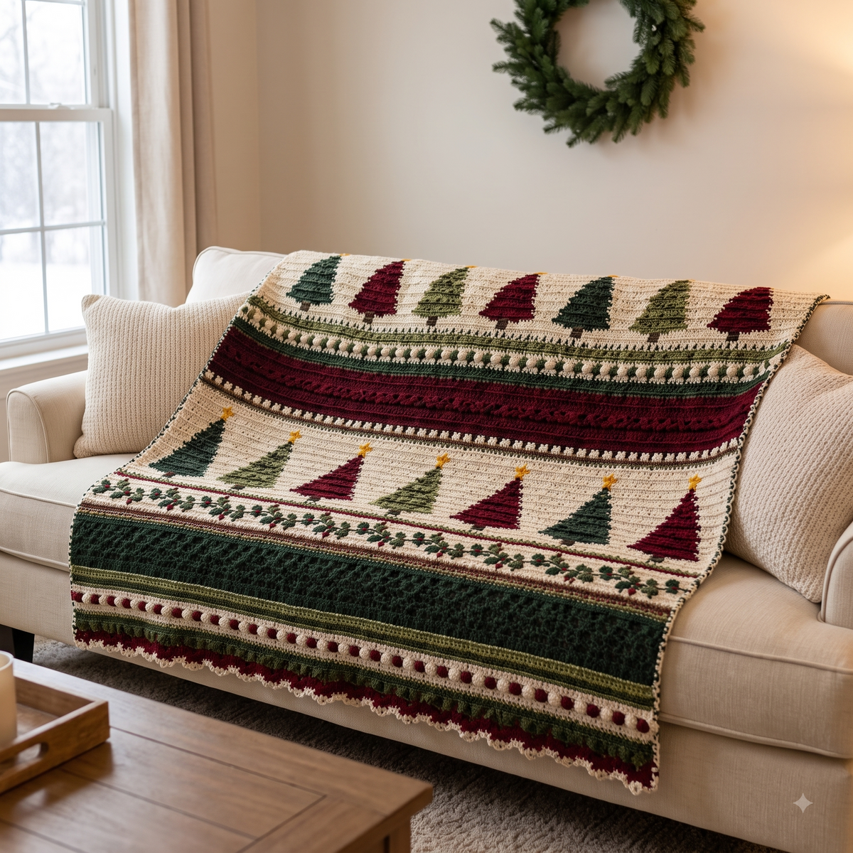 Christmas Tree Blanket Crochet Pattern | Colourwork Trees, Holly Border & Bobble Bands | Holiday Throw | Instant Download PDF