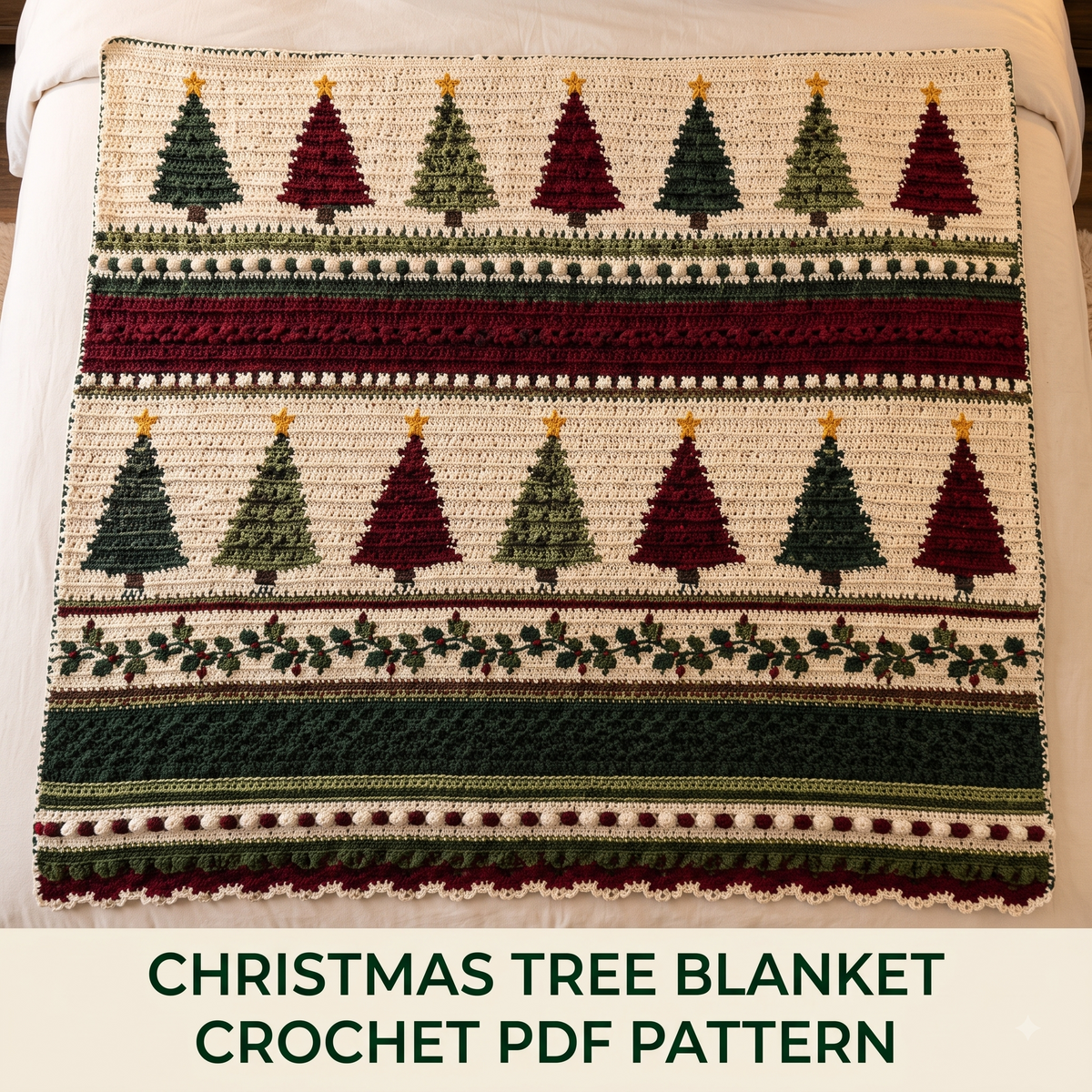 Christmas Tree Blanket Crochet Pattern | Colourwork Trees, Holly Border & Bobble Bands | Holiday Throw | Instant Download PDF