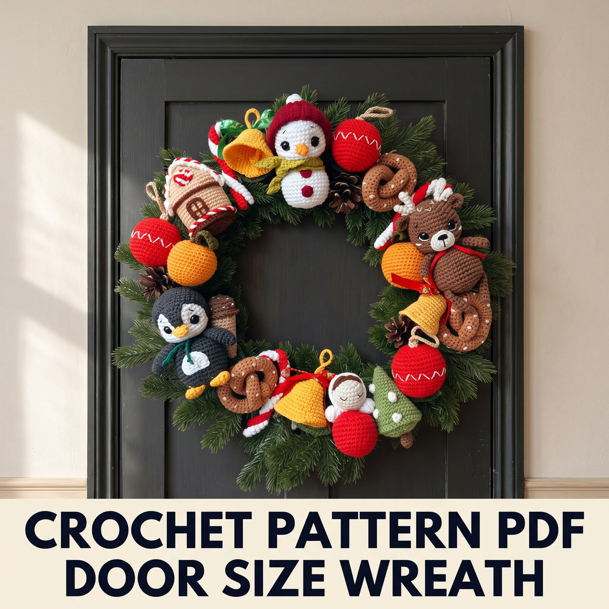 Christmas Amigurumi Wreath Crochet Pattern PDF – Full Set of Matching Ornaments, Snowman Reindeer Penguin Bells