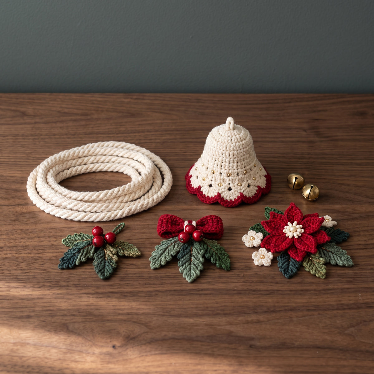 Christmas Bell Garland Crochet Pattern PDF, 5 Cream Bells with Poinsettias, Red Bows and Jingle Bells, Mantel Decor