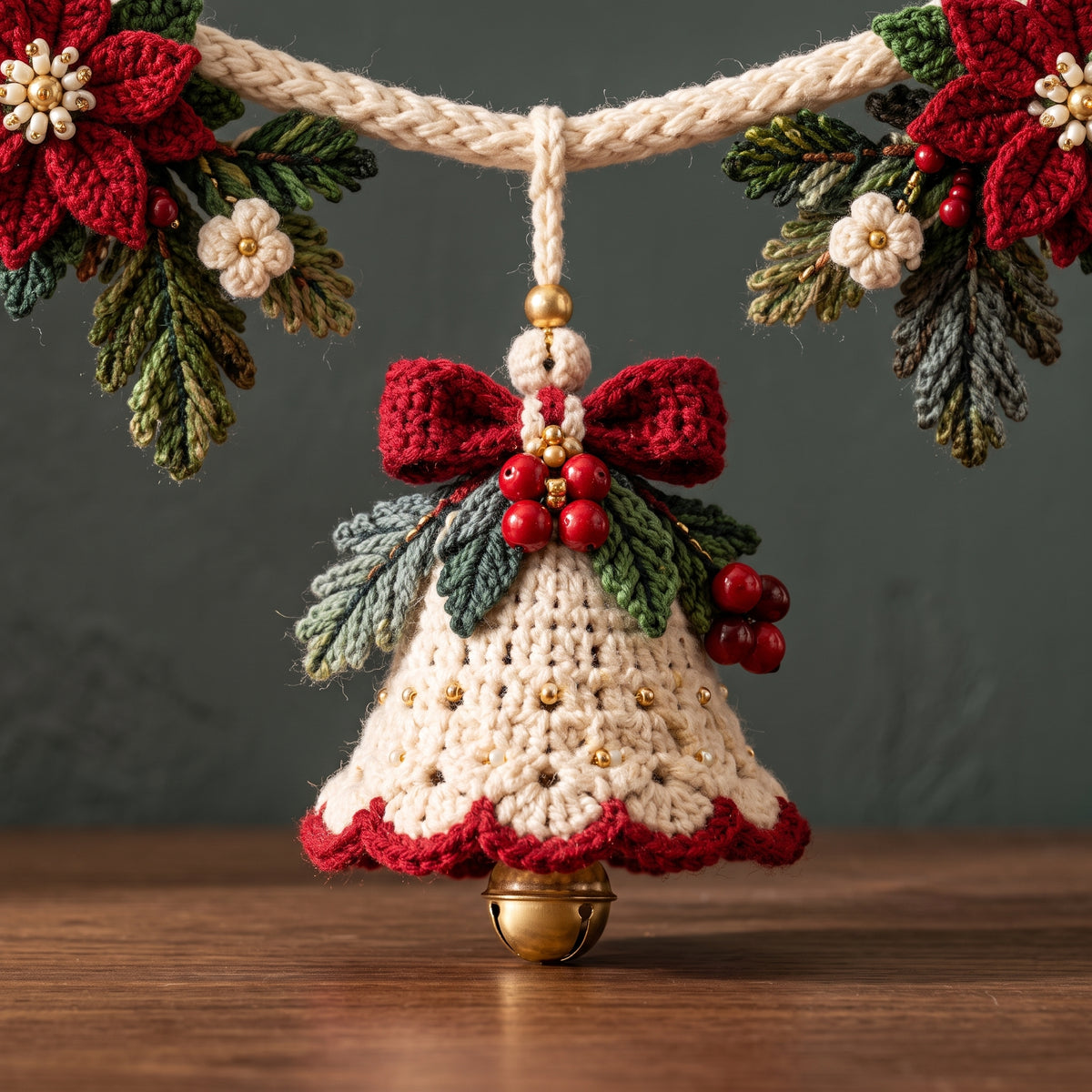Christmas Bell Garland Crochet Pattern PDF, 5 Cream Bells with Poinsettias, Red Bows and Jingle Bells, Mantel Decor