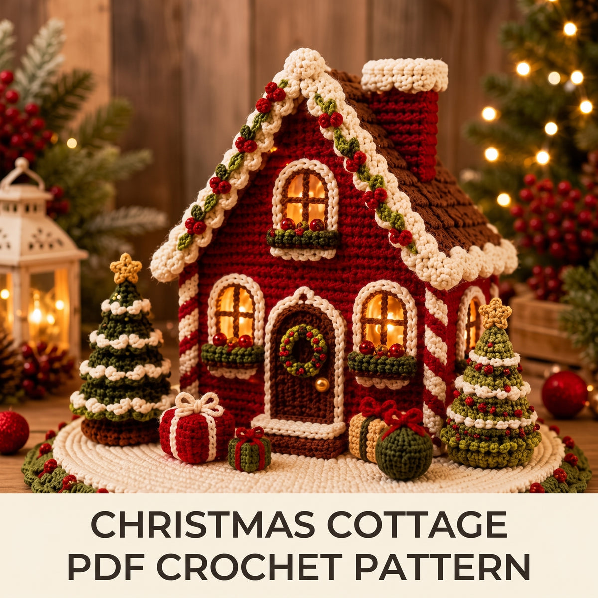 Crochet Christmas Cottage Pattern PDF | Lighted House Decor, Trees, Gifts & Mat Included, US Terms