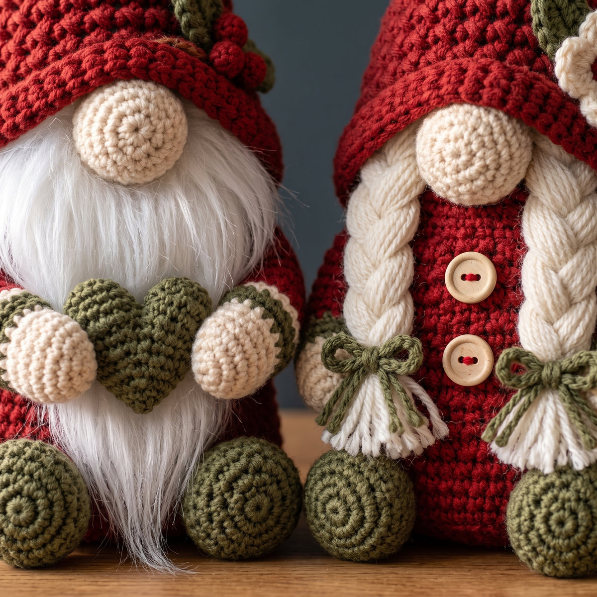 Christmas Gnome Couple Crochet Pattern PDF, Mr and Mrs Gnome Amigurumi, 12 inch Shelf Sitters, Holly, Braids and Heart