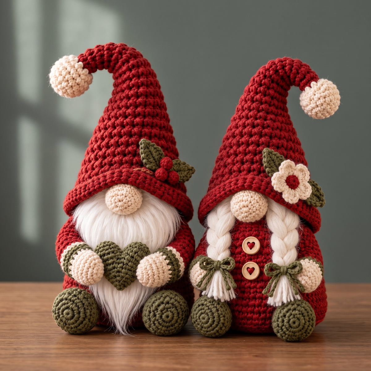 Christmas Gnome Couple Crochet Pattern PDF, Mr and Mrs Gnome Amigurumi, 12 inch Shelf Sitters, Holly, Braids and Heart