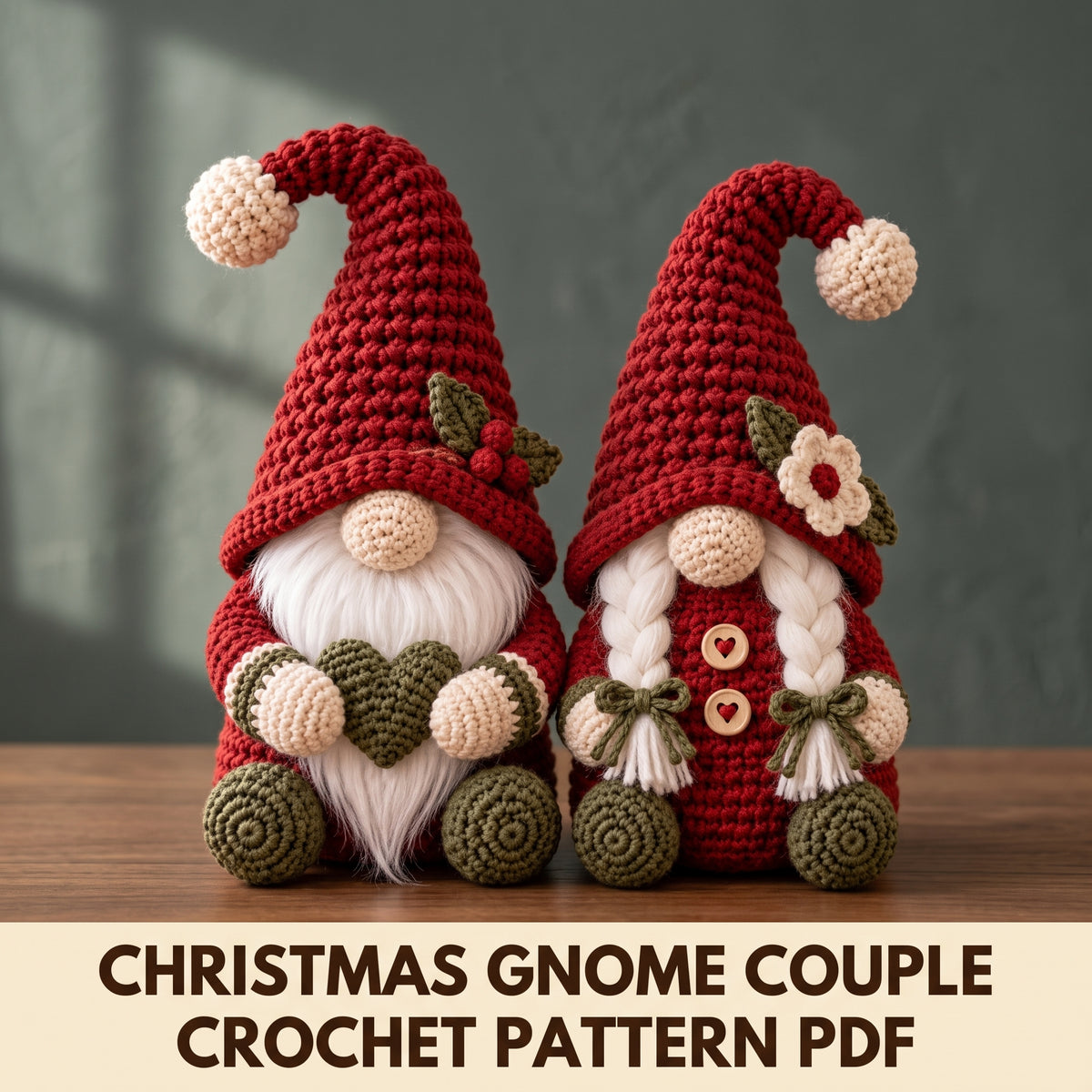 Christmas Gnome Couple Crochet Pattern PDF, Mr and Mrs Gnome Amigurumi, 12 inch Shelf Sitters, Holly, Braids and Heart