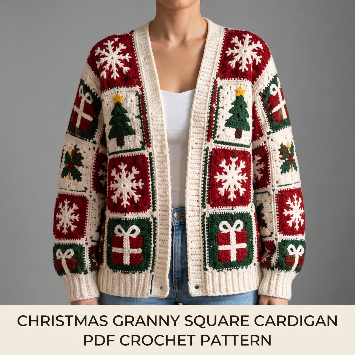 Christmas Granny Square Cardigan Crochet Pattern PDF | Tree, Snowflake & Present Motifs | Intermediate, US Terms