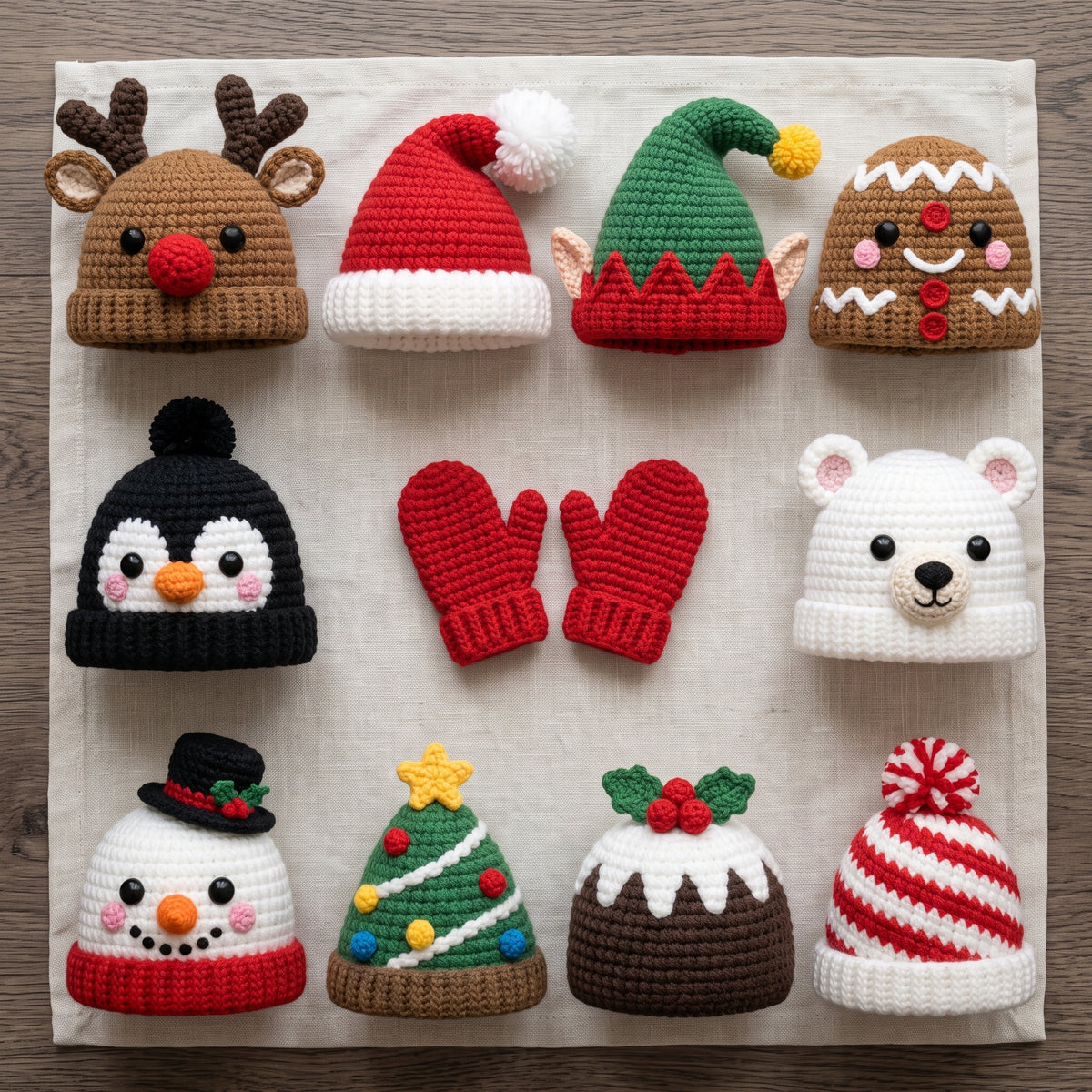 Christmas Hat Crochet Patterns PDF, 10 Character Hats, Newborn to Adult, Reindeer, Santa, Elf, Snowman, Bonus Mittens
