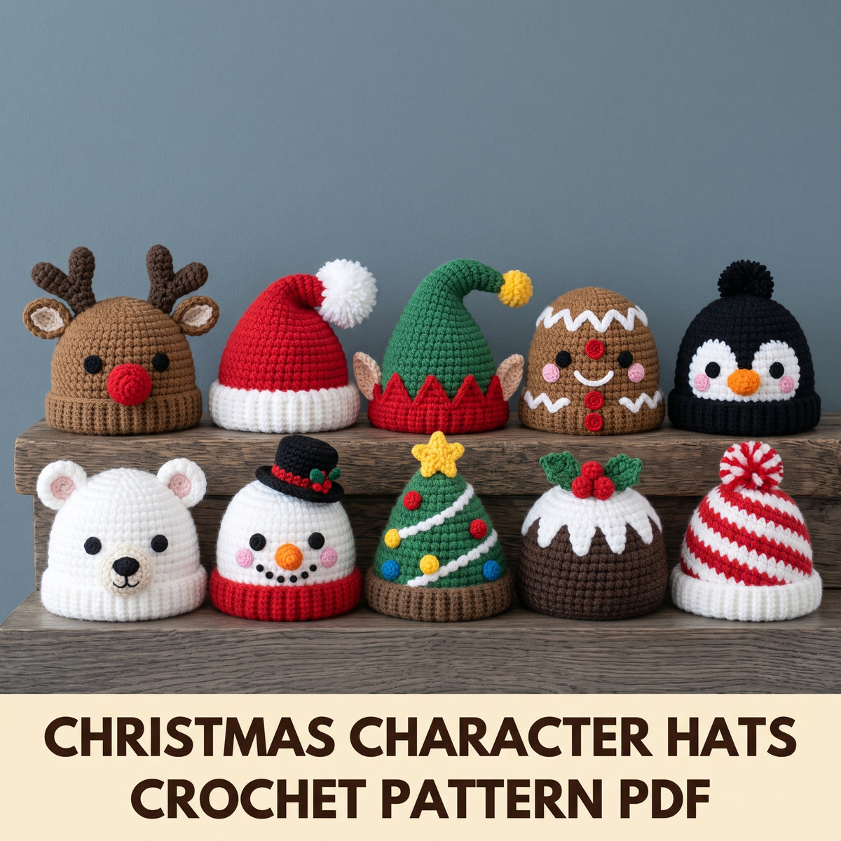 Christmas Hat Crochet Patterns PDF, 10 Character Hats, Newborn to Adult, Reindeer, Santa, Elf, Snowman, Bonus Mittens