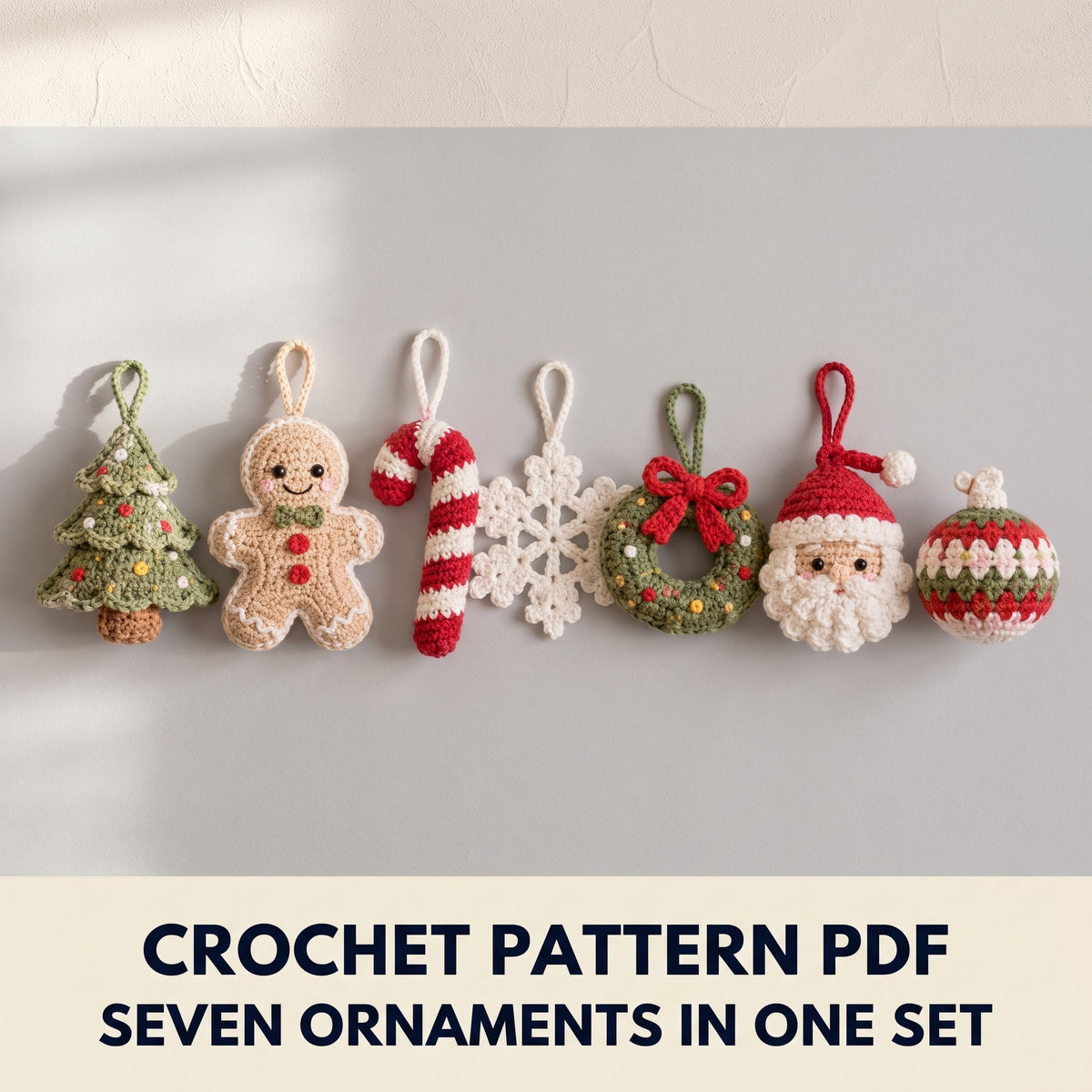 Christmas Ornaments Crochet Pattern Set PDF – Tree, Gingerbread Man, Candy Cane, Snowflake, Wreath, Santa, Bauble