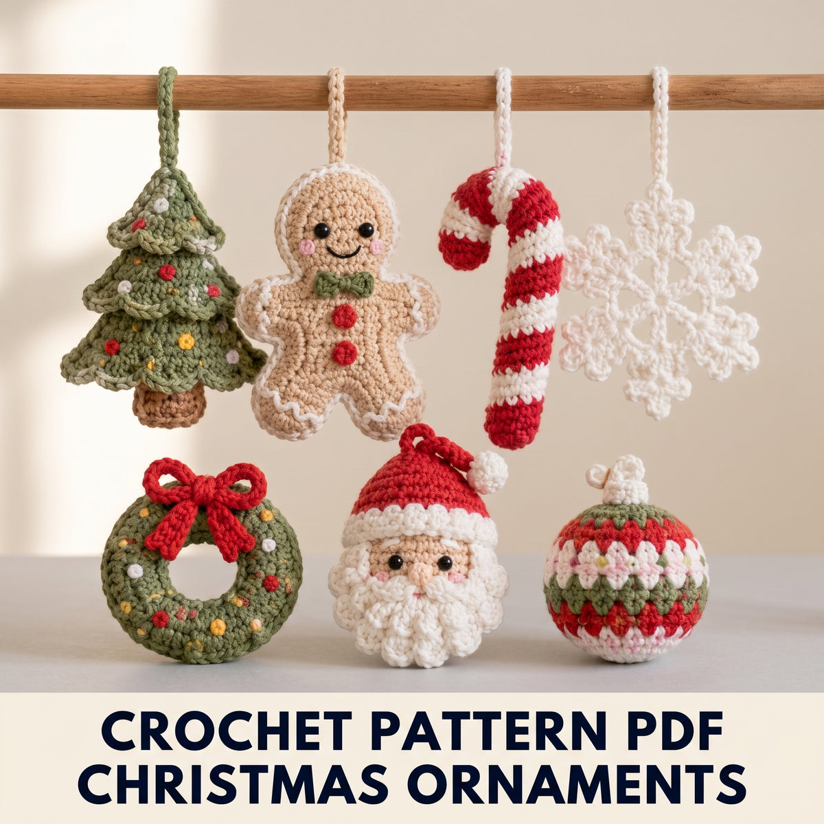 Christmas Ornaments Crochet Pattern Set PDF – Tree, Gingerbread Man, Candy Cane, Snowflake, Wreath, Santa, Bauble
