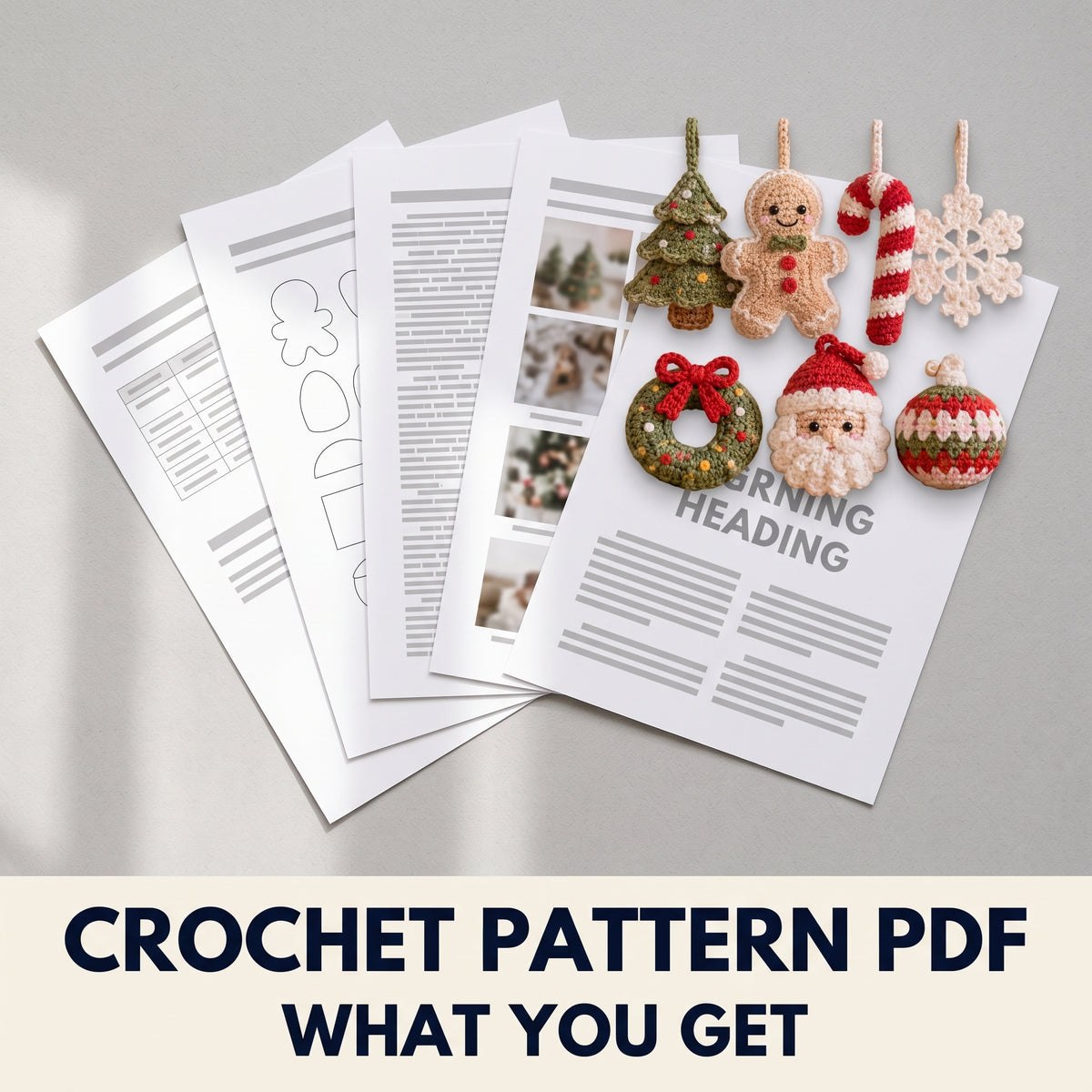 Christmas Ornaments Crochet Pattern Set PDF – Tree, Gingerbread Man, Candy Cane, Snowflake, Wreath, Santa, Bauble
