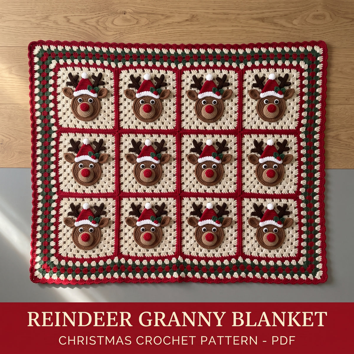 Christmas Reindeer Granny Square Blanket Crochet Pattern PDF