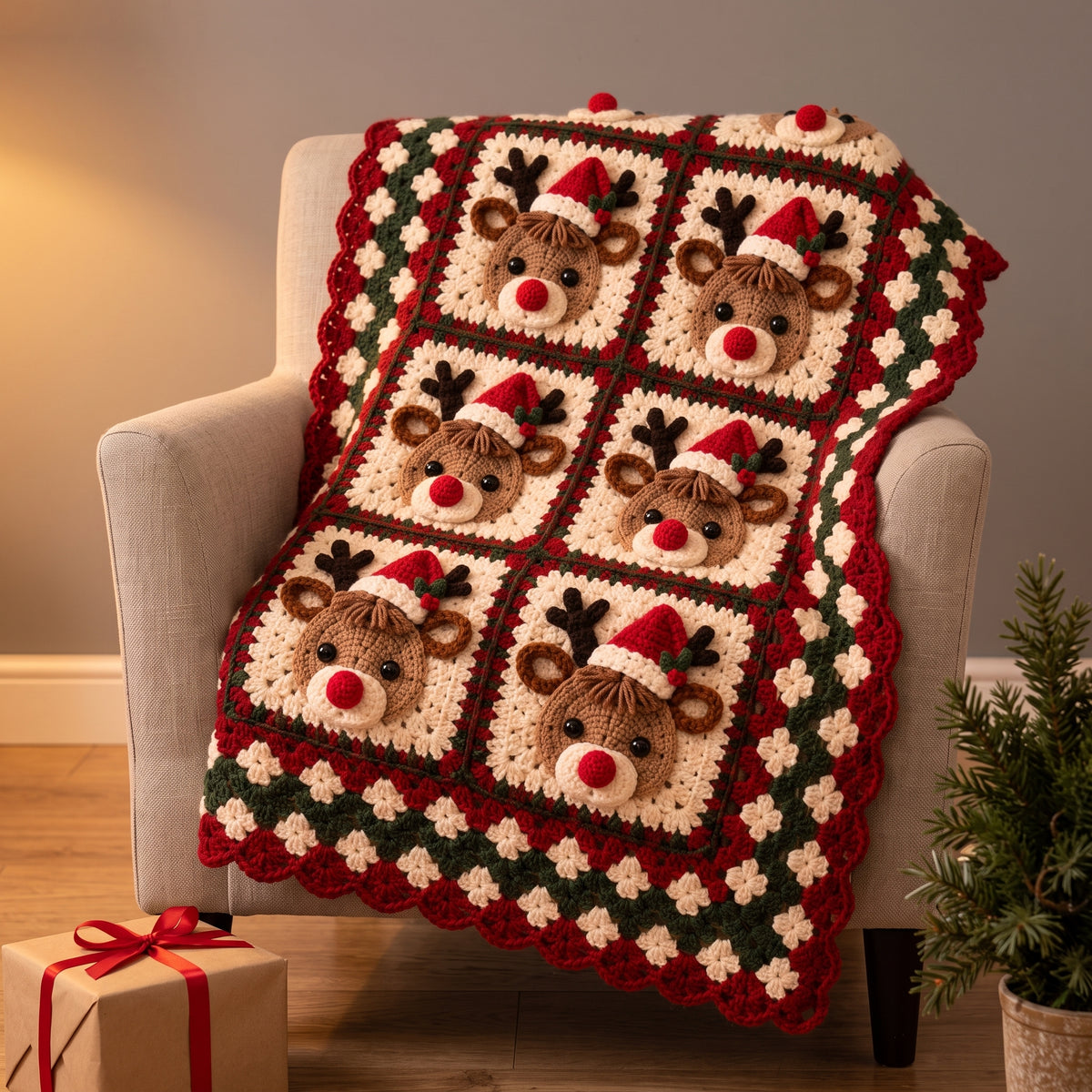 Christmas Reindeer Granny Square Blanket Crochet Pattern PDF