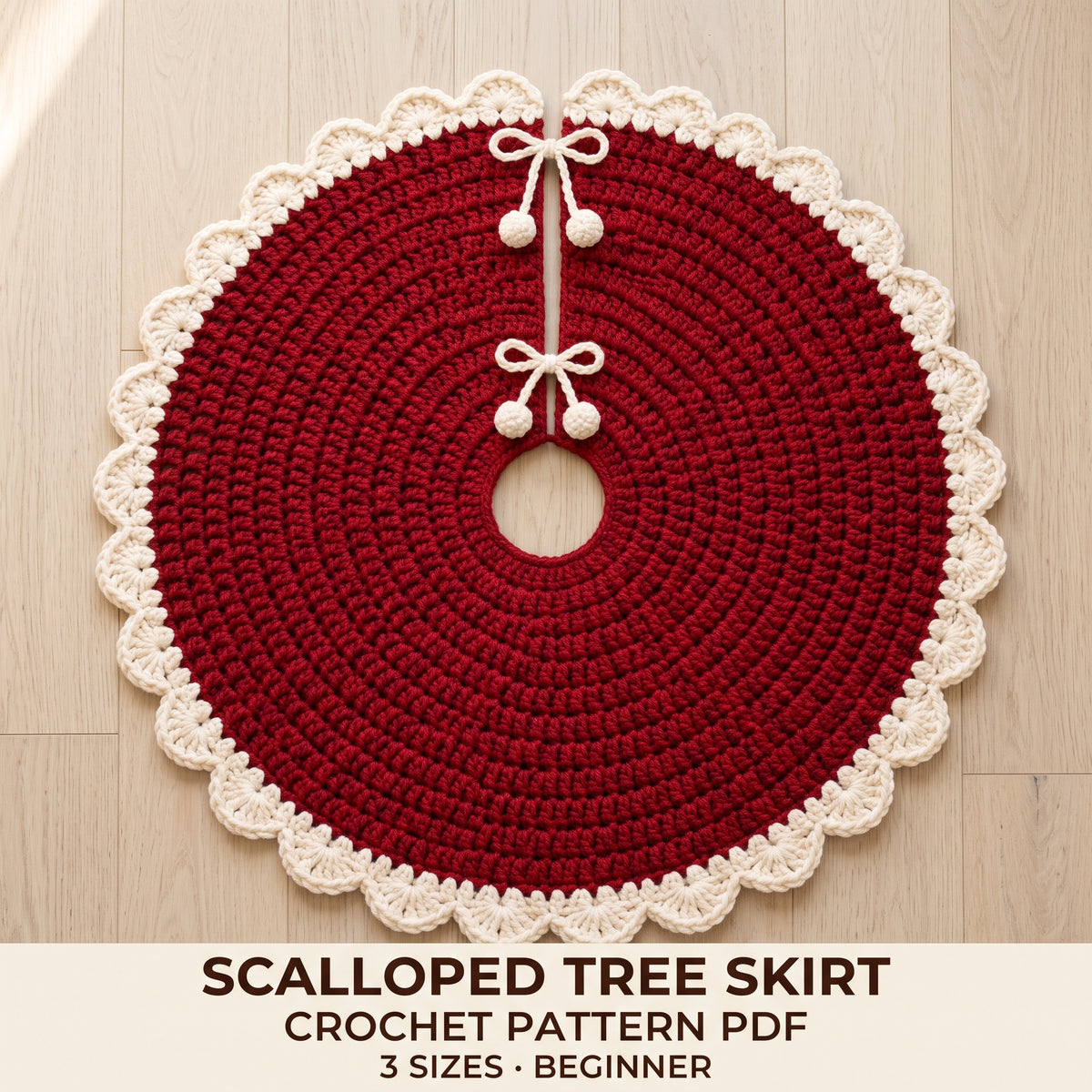 Christmas Tree Skirt Crochet Pattern PDF, Red Scalloped Tree Skirt, Easy Beginner Pattern, 3 Sizes, 5 Languages