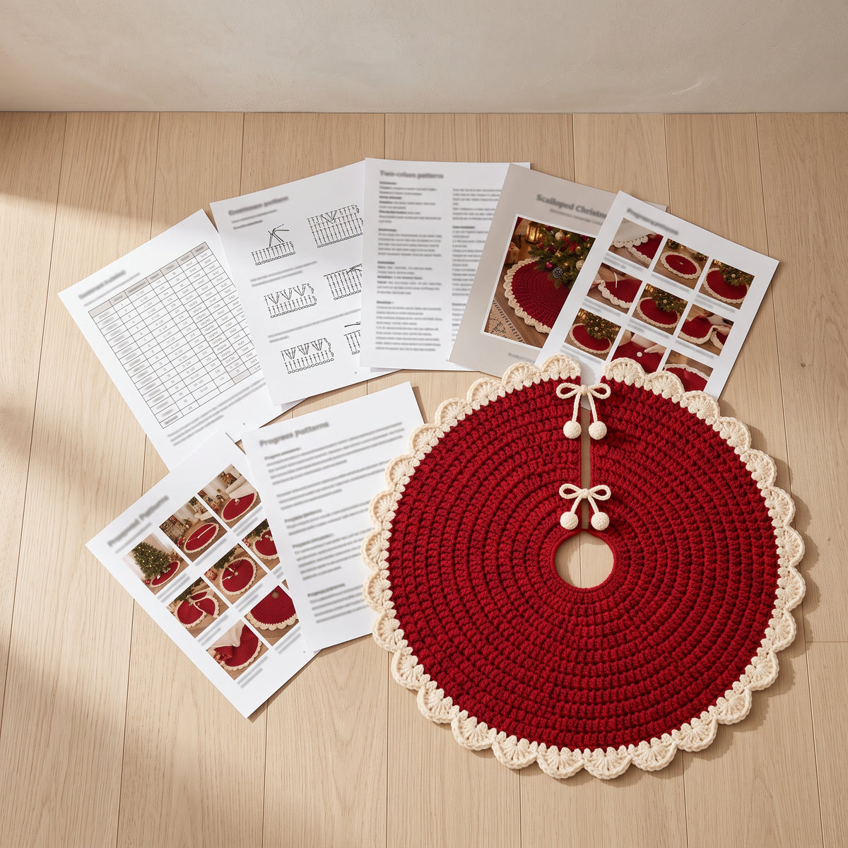 Christmas Tree Skirt Crochet Pattern PDF, Red Scalloped Tree Skirt, Easy Beginner Pattern, 3 Sizes, 5 Languages