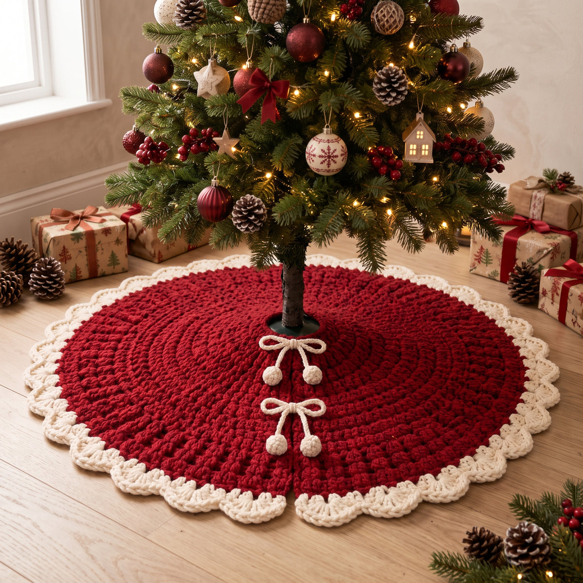 Christmas Tree Skirt Crochet Pattern PDF, Red Scalloped Tree Skirt, Easy Beginner Pattern, 3 Sizes, 5 Languages