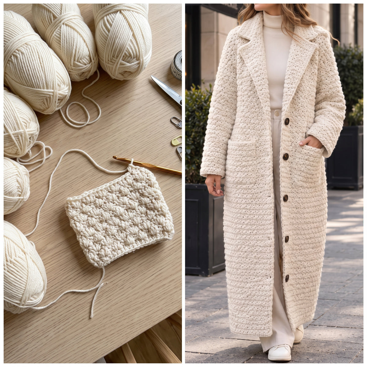 Crochet Coat Pattern PDF, Long Textured Crochet Coat with Collar, Pockets and Buttons, Sizes S to 2XL, Worsted Weight