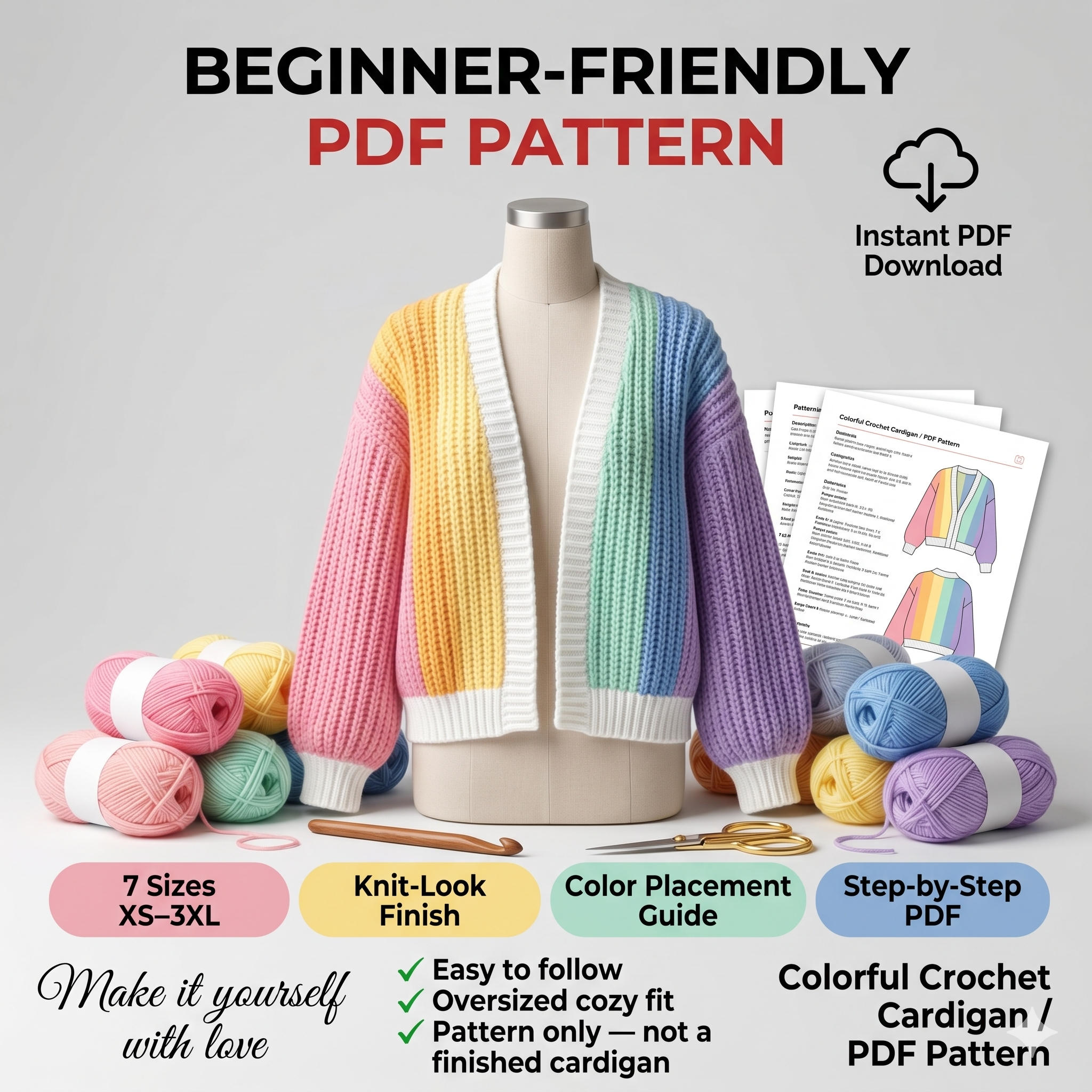 Colorful Crochet Cardigan PDF Pattern, Striped Pullover Jacket Tutorial, Beginner Knit-Look Guide, Instant Digital Download DIY