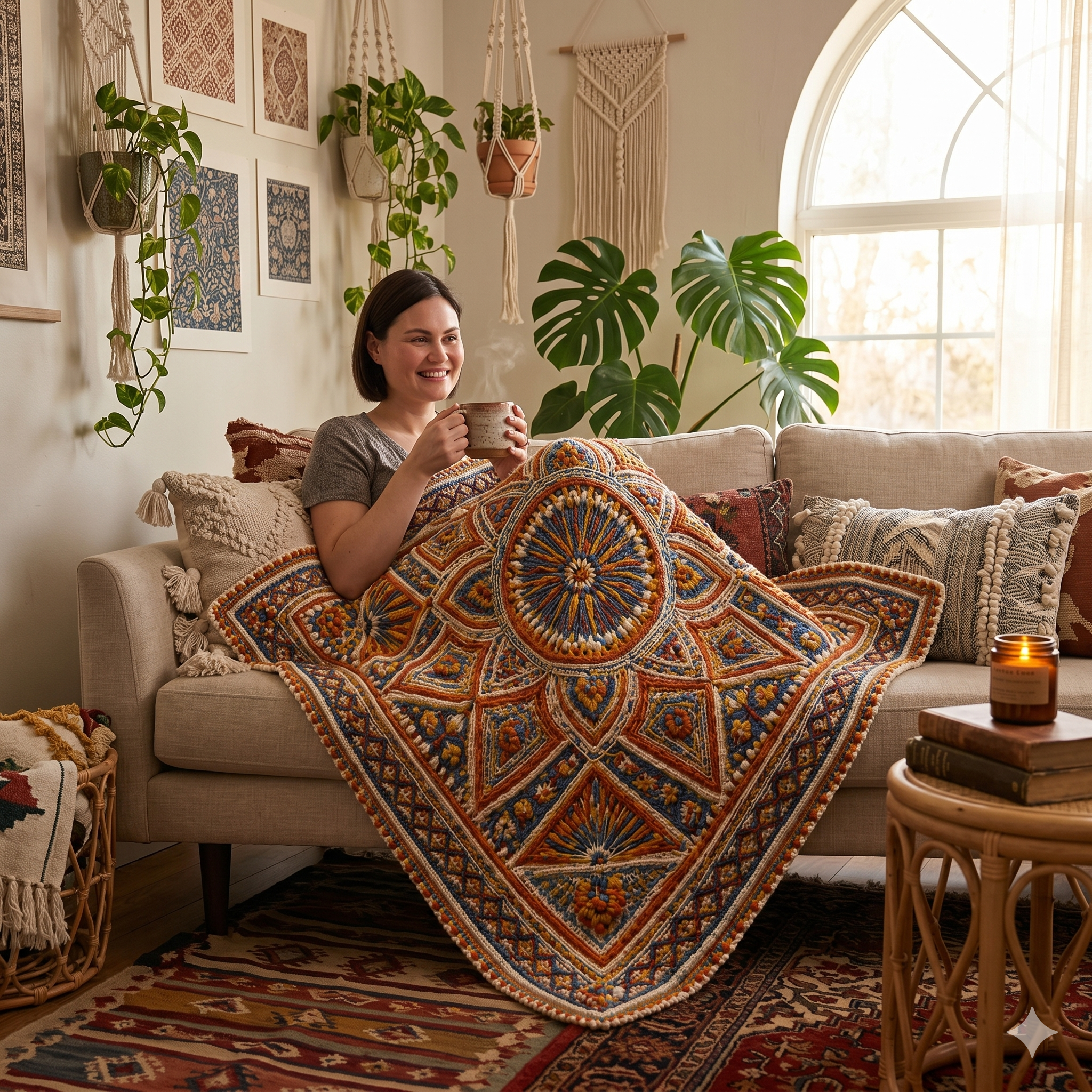 Handmade Boho Mandala Crochet Blanket Pattern, Colorful Geometric Afghan Rug, DIY Textured Throw PDF
