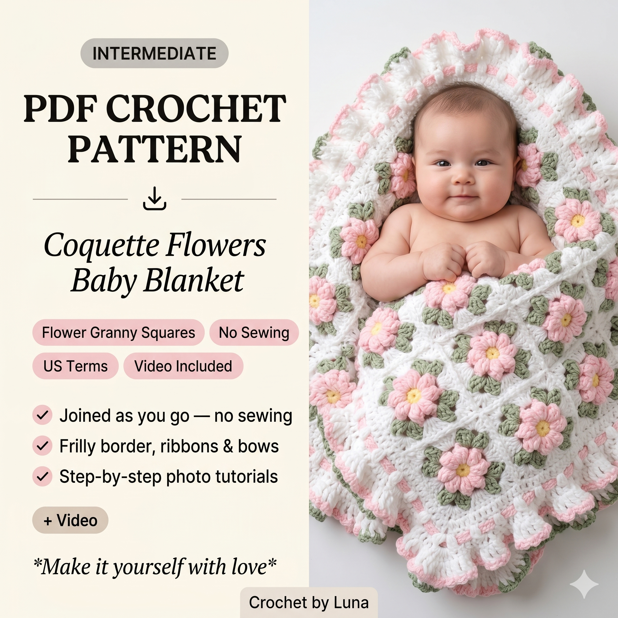 Coquette Flowers Baby Blanket — Crochet Pattern (PDF + Video) | Floral Granny Square Throw