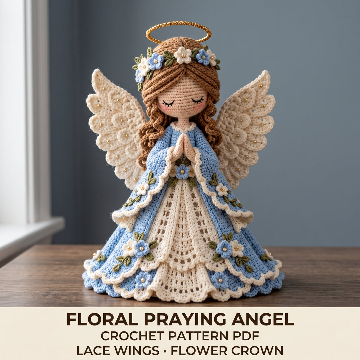 Crochet Angel Pattern PDF, Floral Praying Angel Doll with Lace Wings, Christmas Tree Topper and Home Decor