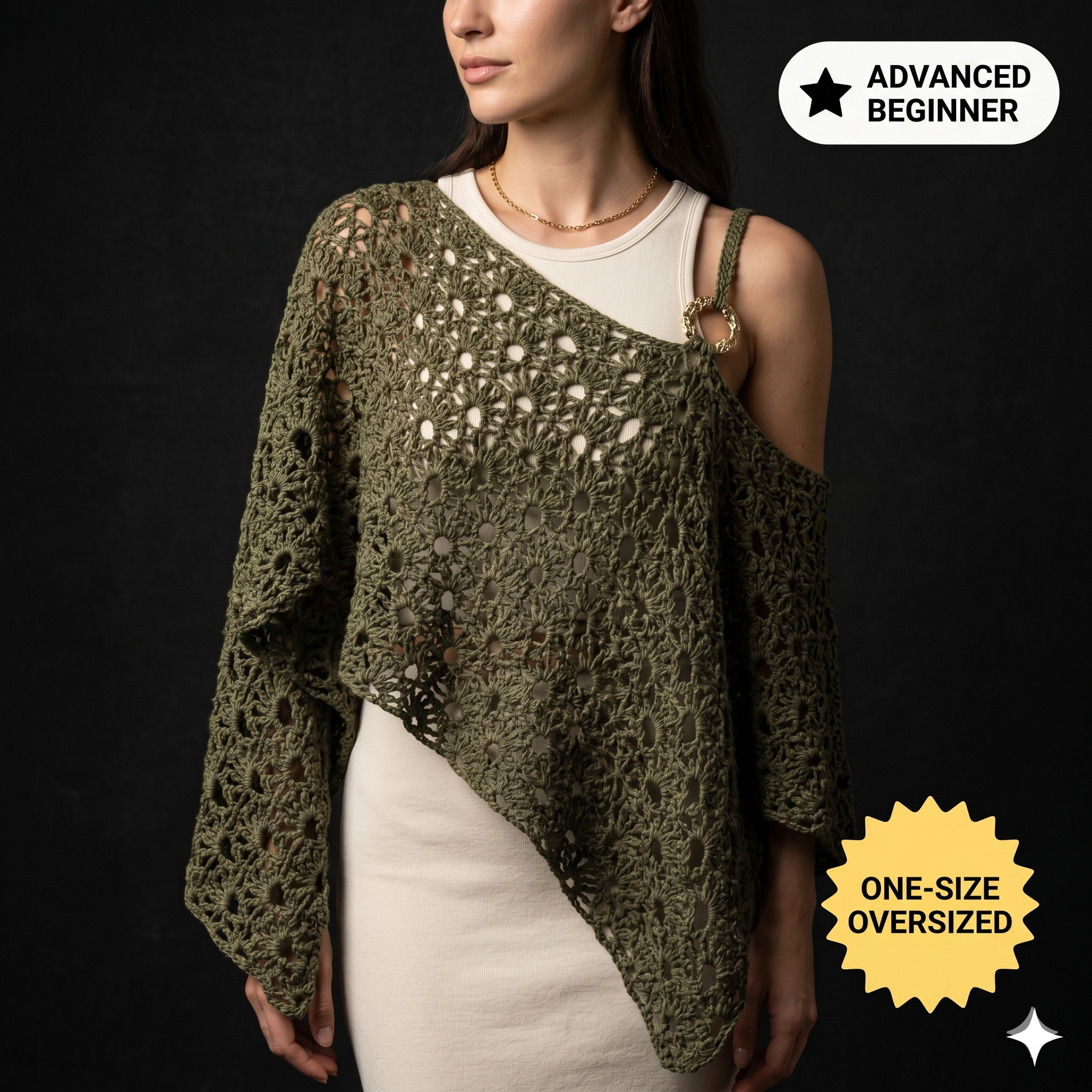 Crochet Asymmetric Lace Poncho Tee Pattern (UK Terms) Digital Download PDF