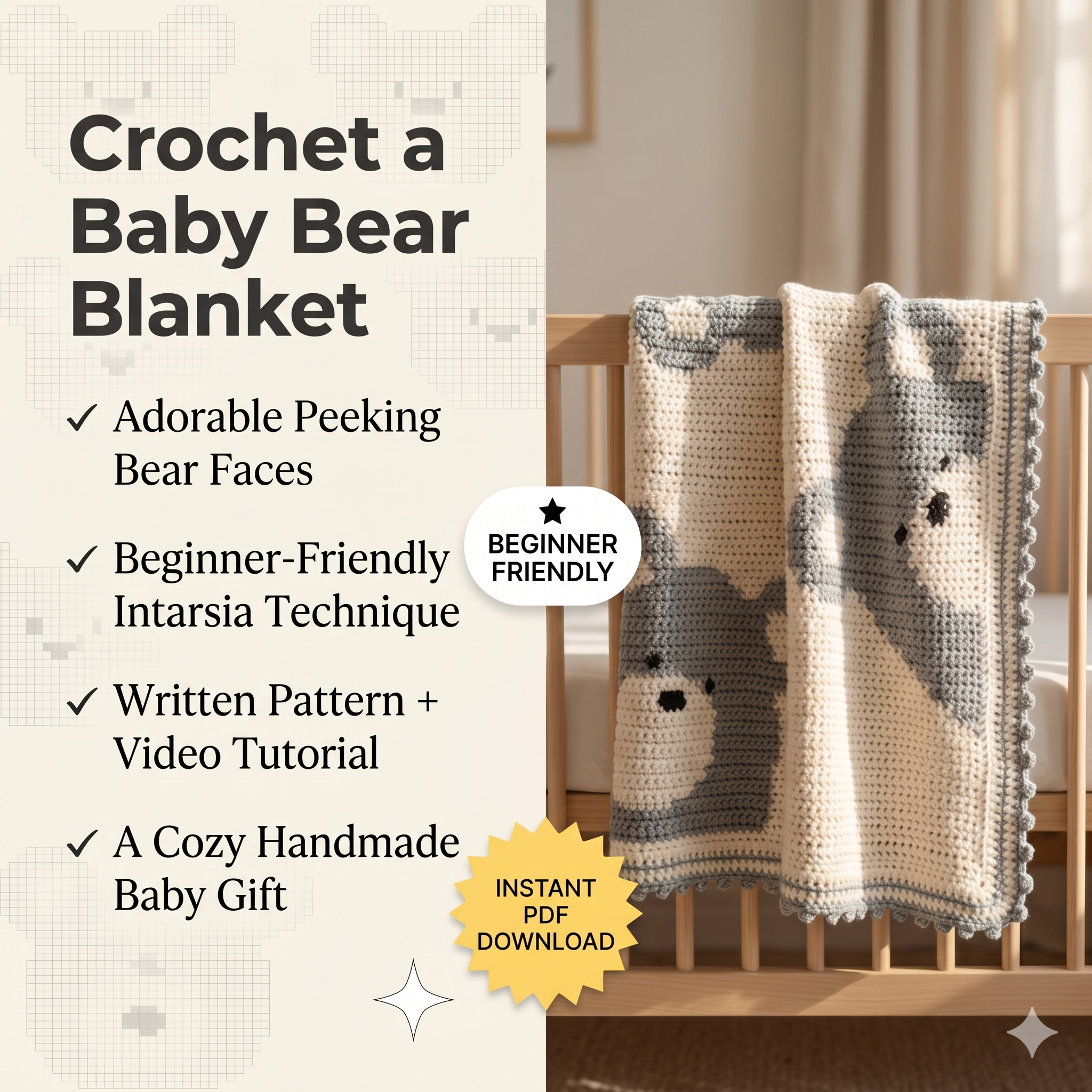Crochet Baby Bear Blanket Pattern – Beginner Friendly, with Video Tutorial (PDF Pattern) - No Sewing Machine needed